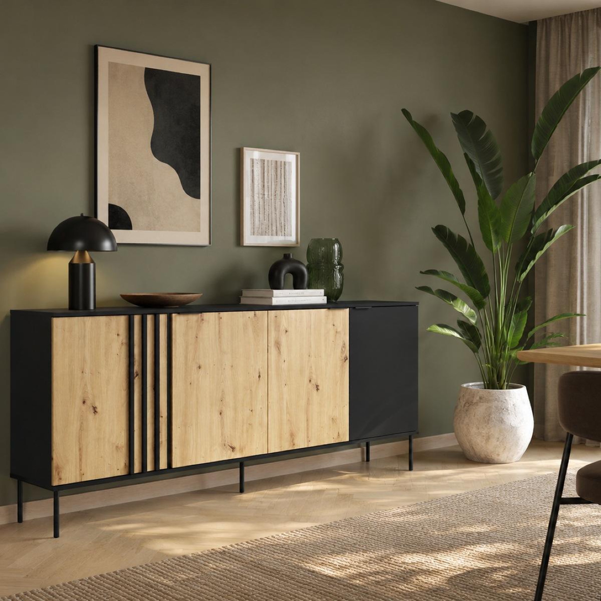 Voir la diapositive 2 : JLC KREATION Buffet bas moderne 4 portes noir et bois irina