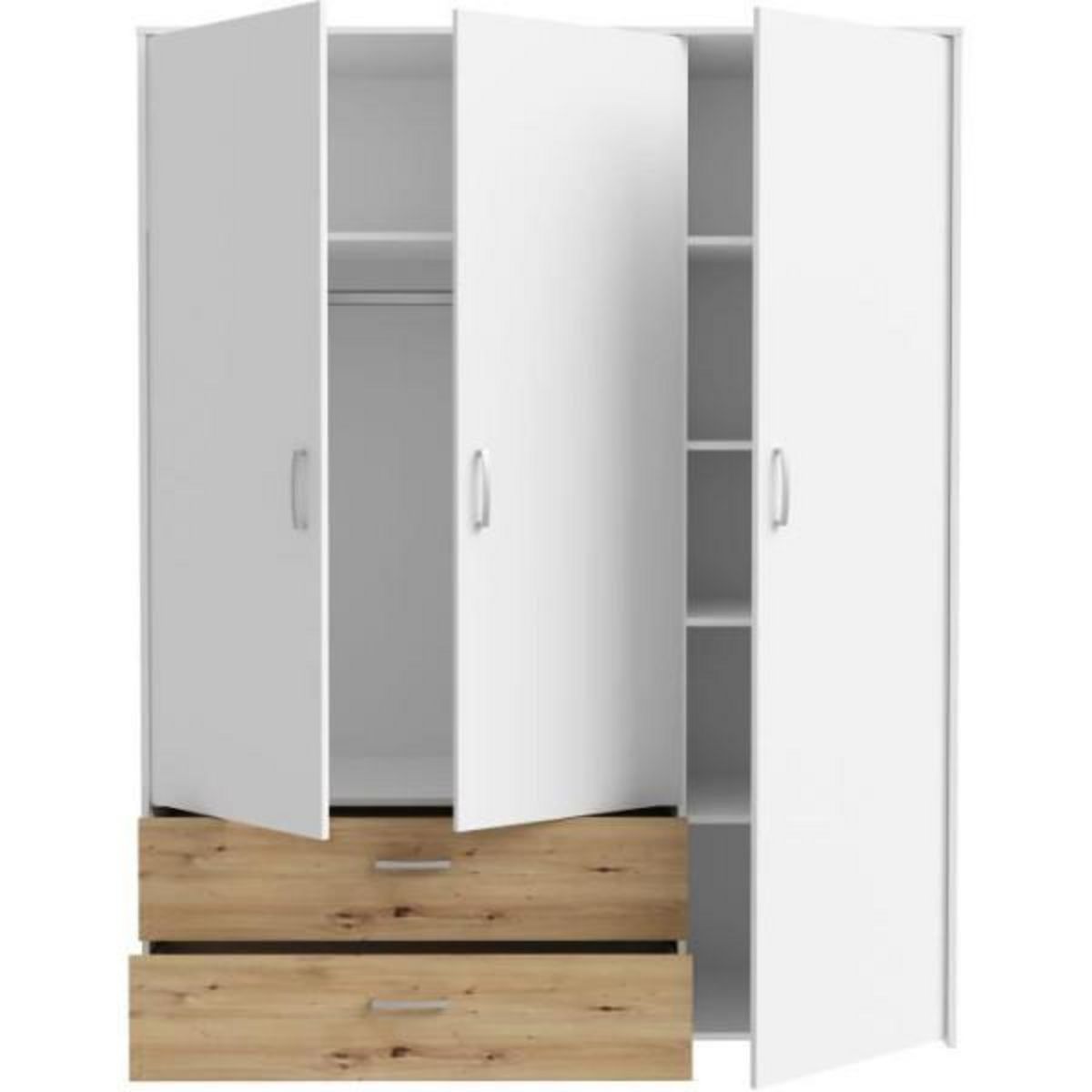 MARKET24 Armoire de chambre - Blanc mat / Chene artisan - 3 portes et 2 tiroirs - 152,8 x 52,7 x 190,8 cm