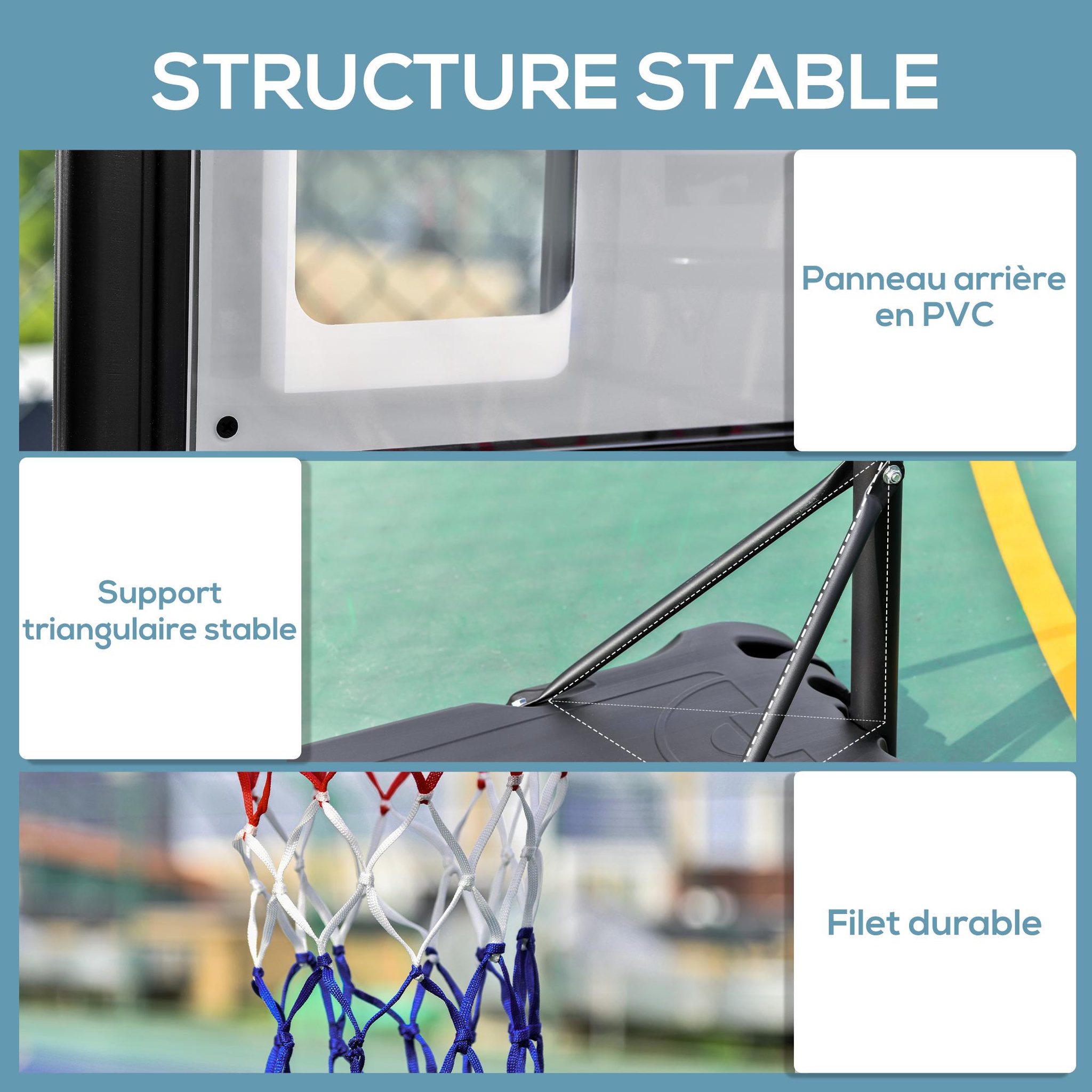 Voir la diapositive 4 : HOMCOM Panier de basketball sur pied - H. réglable 203-258 cm - roulettes, base de lestage - noir