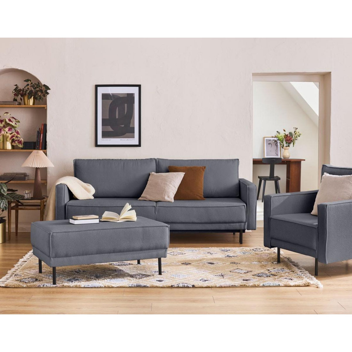 LISA DESIGN Charlie - canapé droit 3 places - convertible avec coffre - en tissu