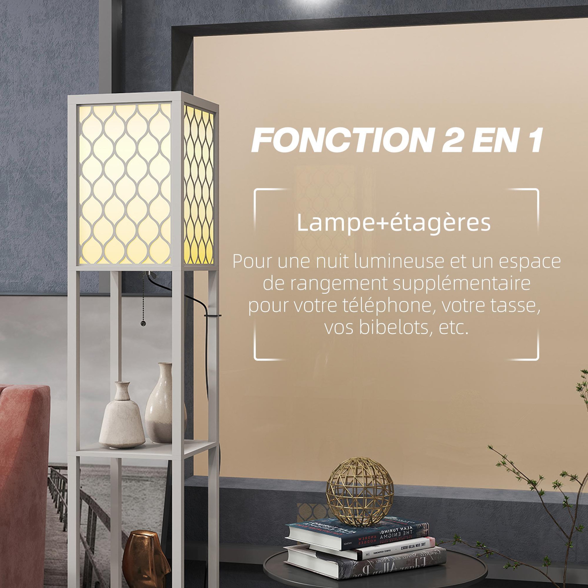 Voir la diapositive 5 : HOMCOM Lampadaire étagère lampe étagère dim. 26l x 26l x 156h cm 2 étagères mdf motif nid d'abeille gris clair