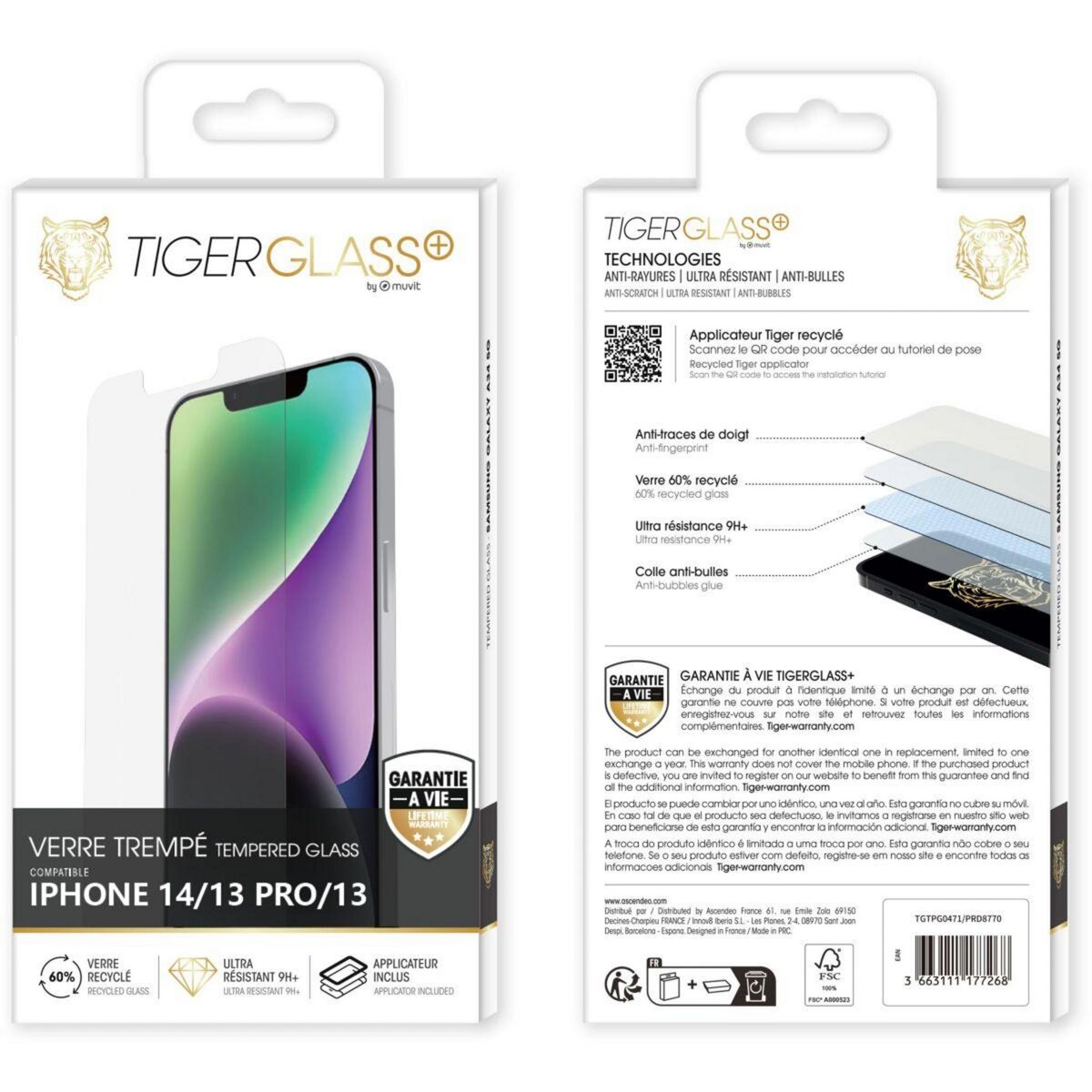 TIGER GLASS Protège écran iPhone 14/13/13 Pro verre trempé recyclé