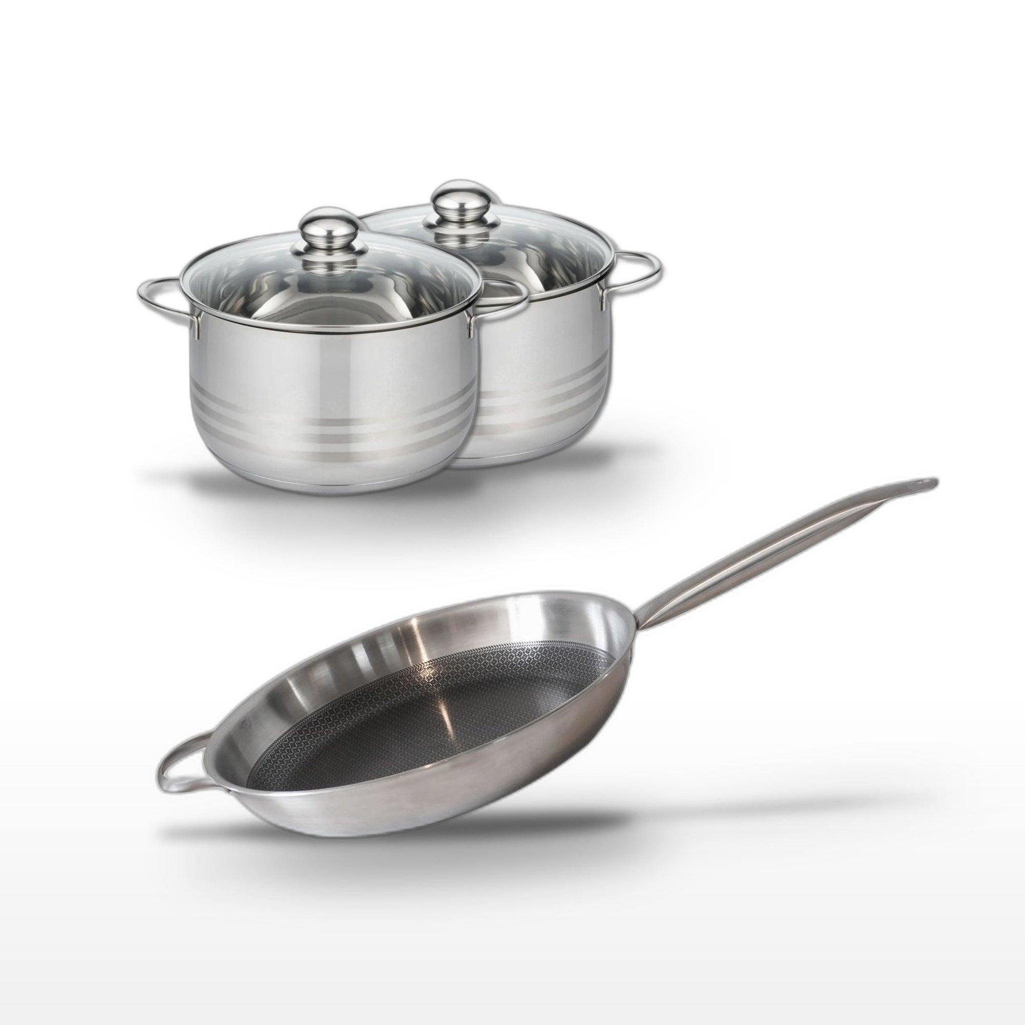 ELO Batterie de cuisine avec 1 poêle de cuisson 32 cm et 2 faitouts 20/24 cm en inox sans pfas elo collection relief solution brillant