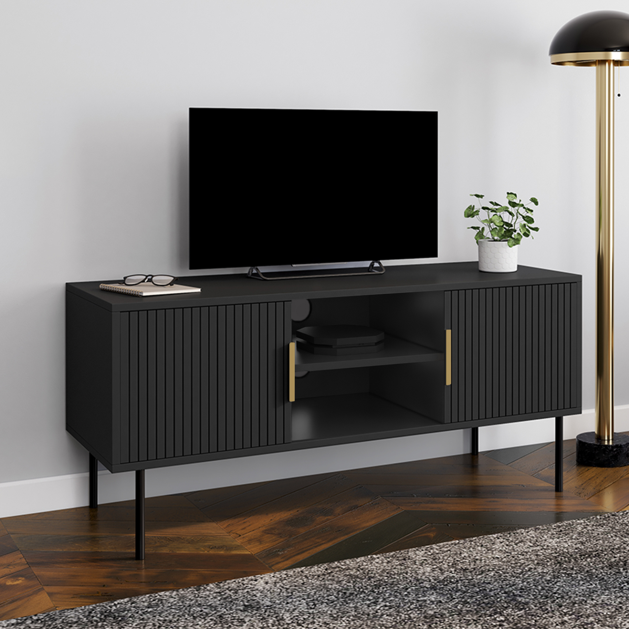 Voir la diapositive 2 : ID MARKET Meuble tv 110 cm marcel 2 portes lattes tasseau bois noir