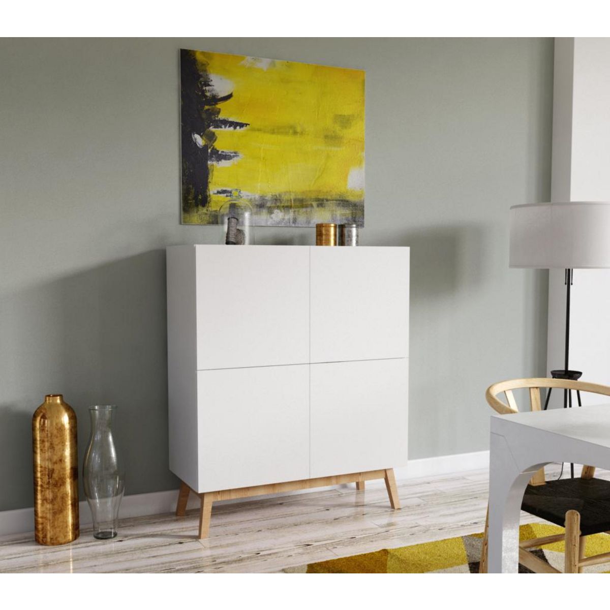 Argentier scandinave SNOW pieds en bois massif, 4 portes L100 cm 