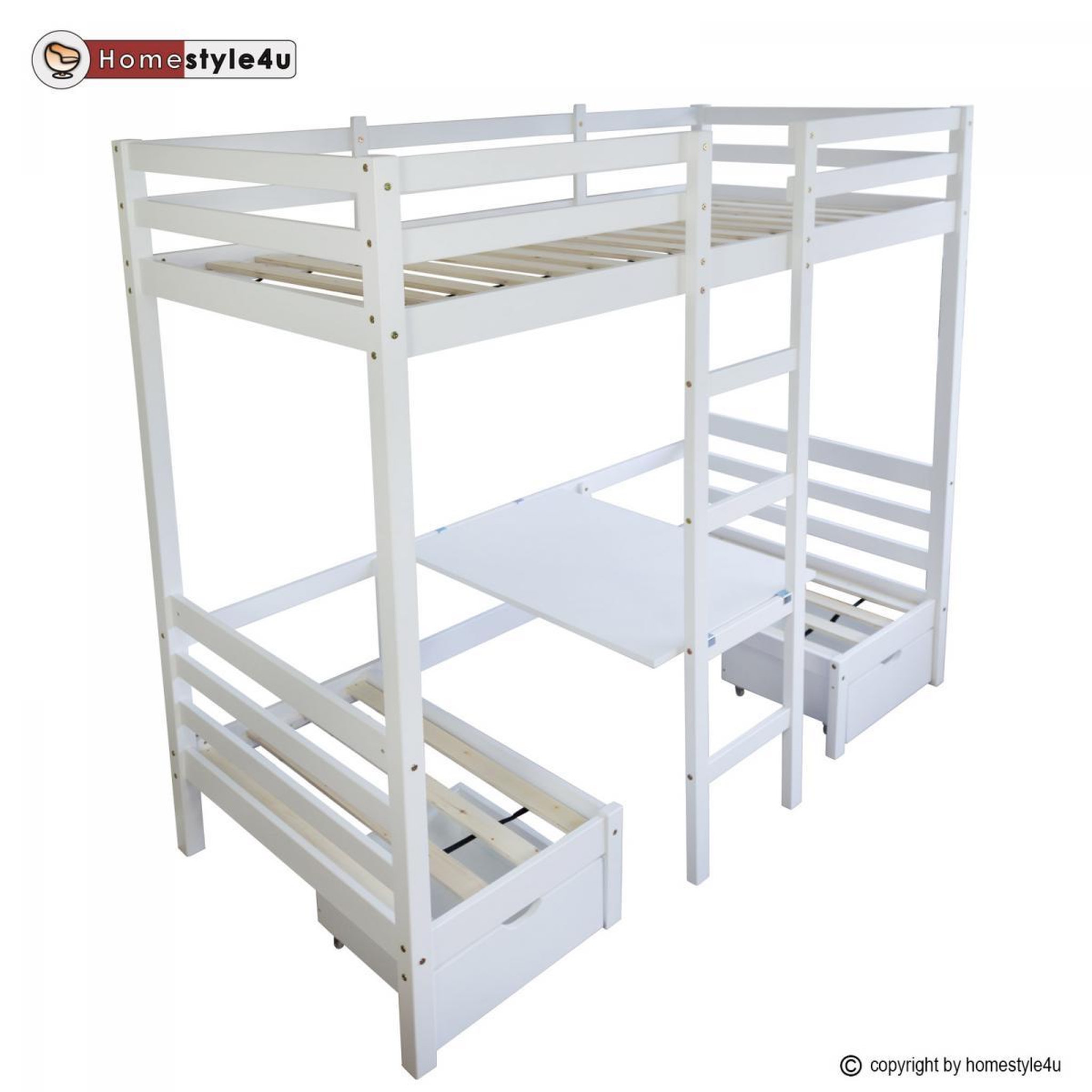 Voir la diapositive 1 : HomeStyle4U Lit enfant mezzanine superposé blanc 90x200 pin massif bureau