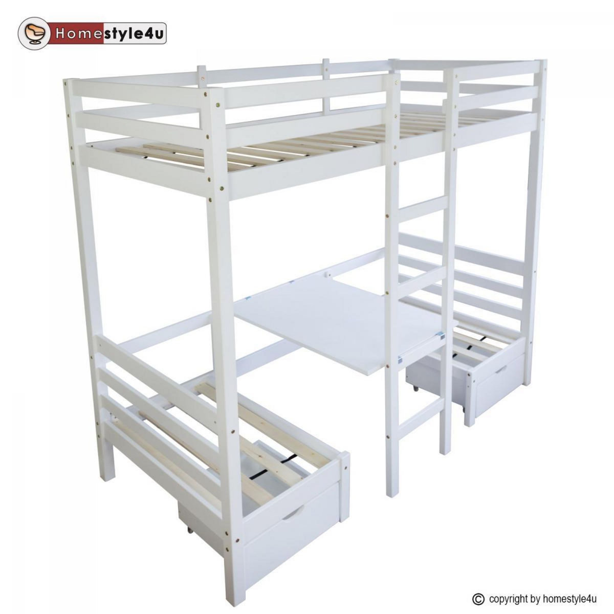HomeStyle4U Lit enfant mezzanine superposé blanc 90x200 pin massif bureau