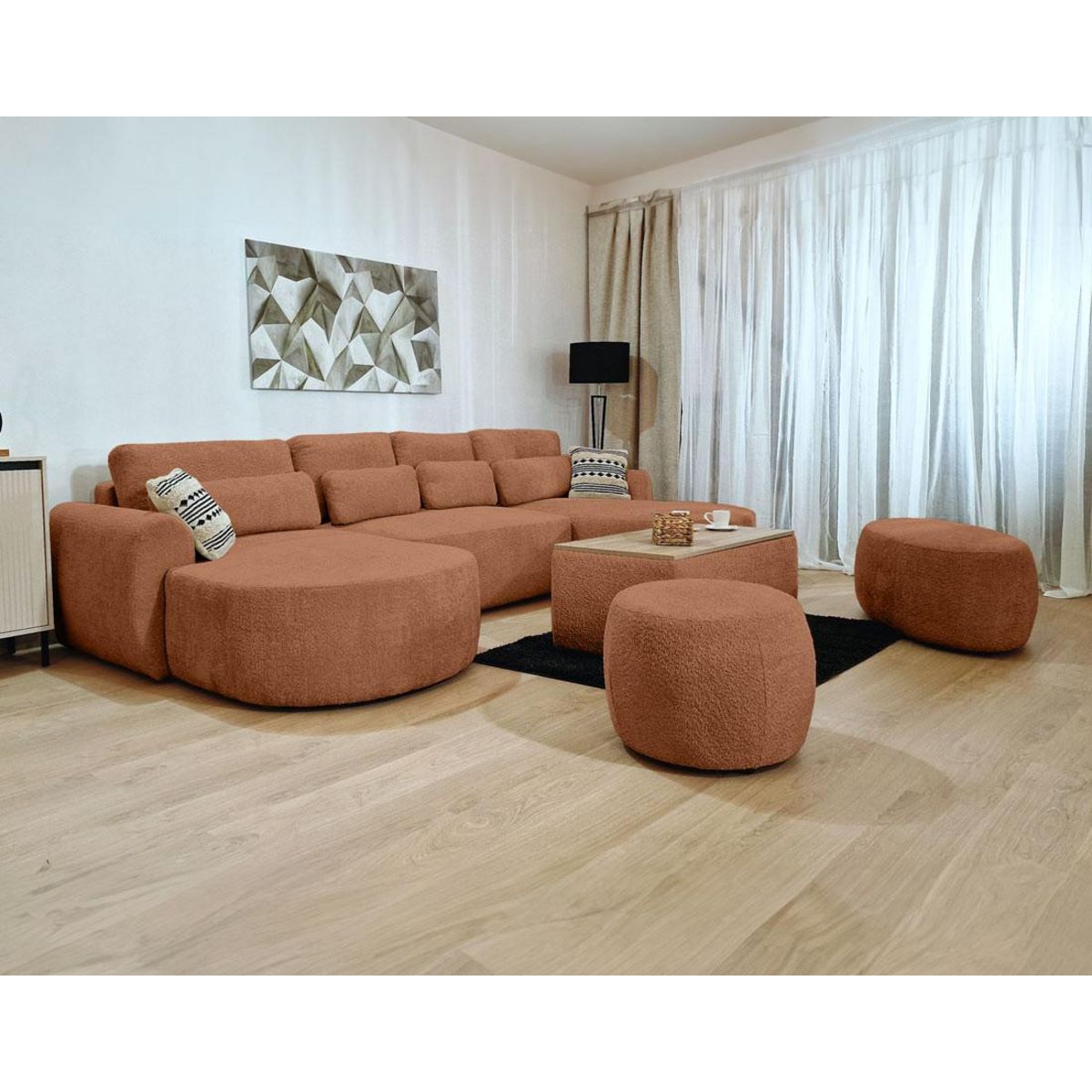 BEST MOBILIER Mahina - canapé panoramique en u 7 places - convertible avec coffre - en tissu bouclette