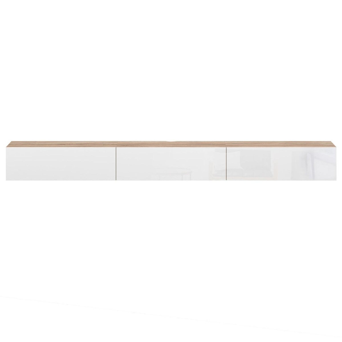 ID MARKET Meuble TV 300 cm suspendu ELIO 3 portes bois et blanc