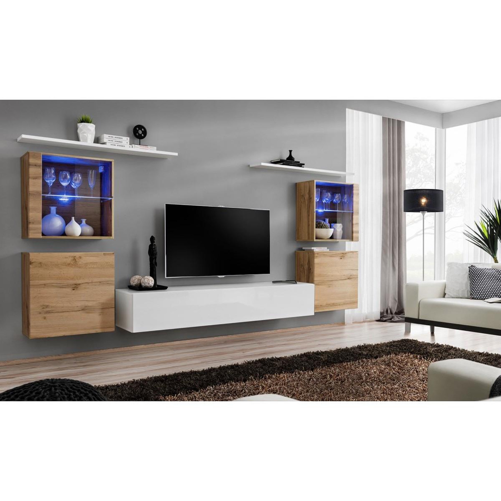 Voir la diapositive 2 : Paris Prix Meuble tv mural design  switch xiv  320cm naturel & blanc
