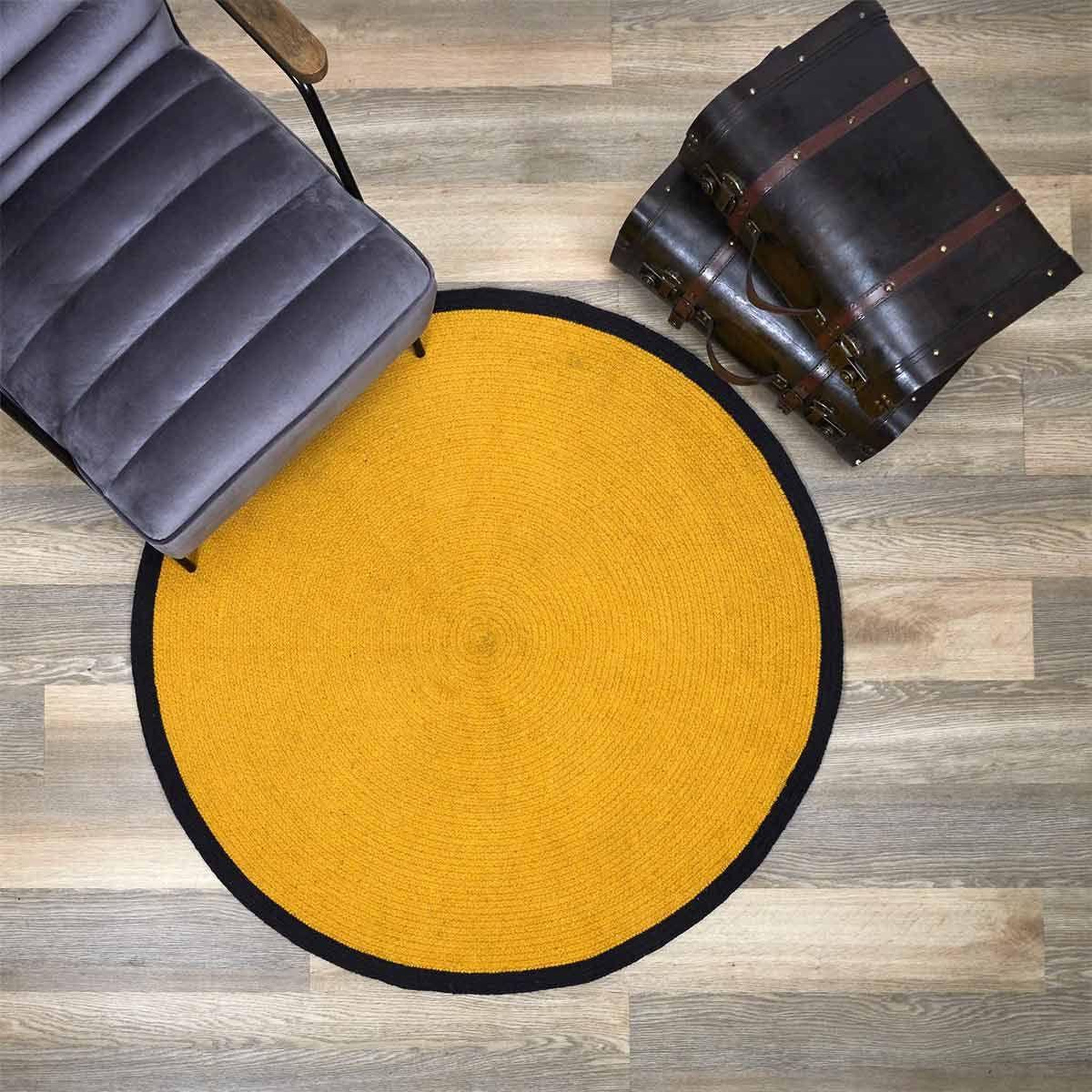 Voir la diapositive 3 : The Home Deco Factory Tapis rond en coton  bord  120cm moutarde & noir