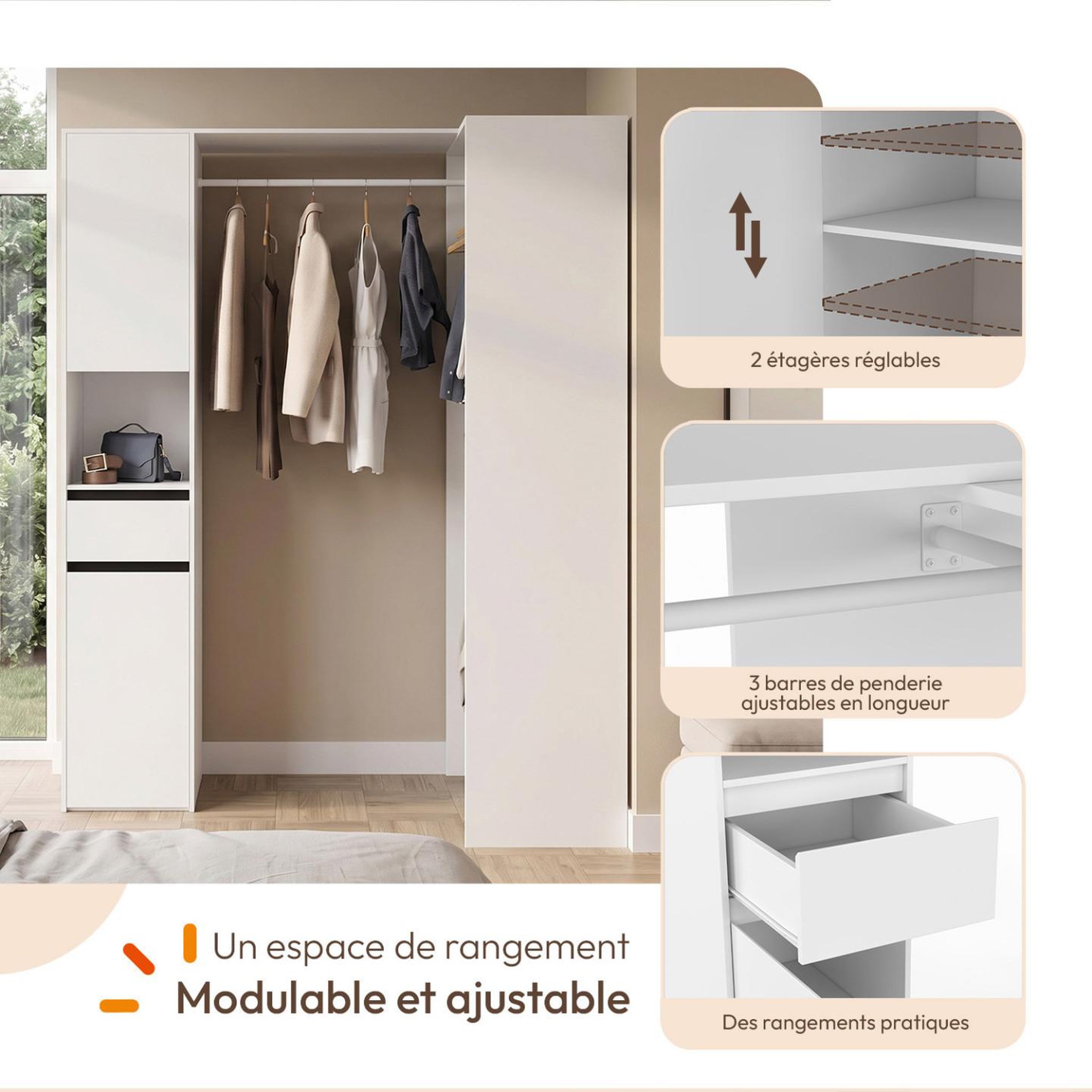 Voir la diapositive 4 : ID MARKET Dressing d'angle modulable l. 145 / 203 cm melman triple penderie + portes + tiroir + étagères blanc
