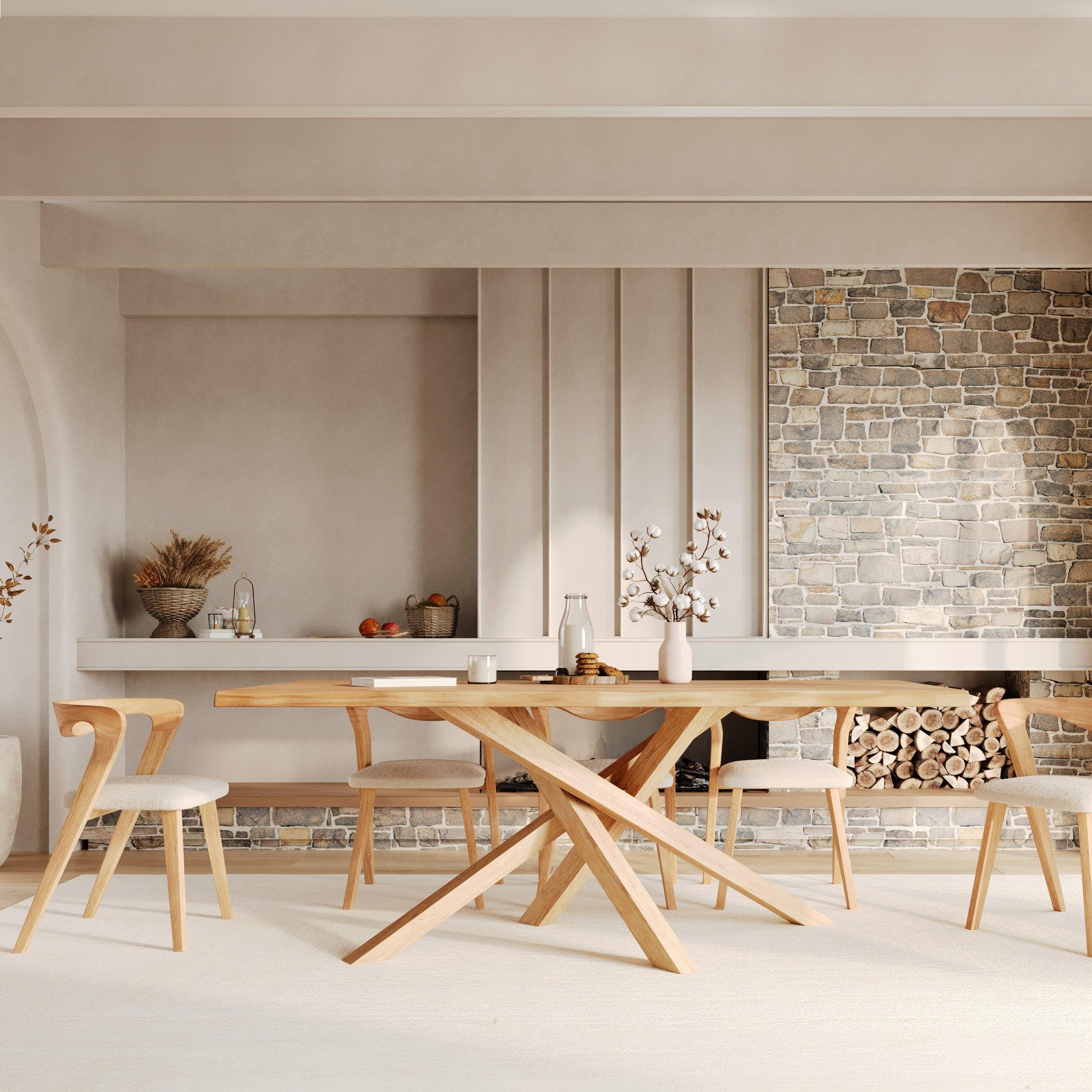 Voir la diapositive 5 : MAISON PAVANE Chaise en bois d'hévéa clair et tissu bouclé crème-vega