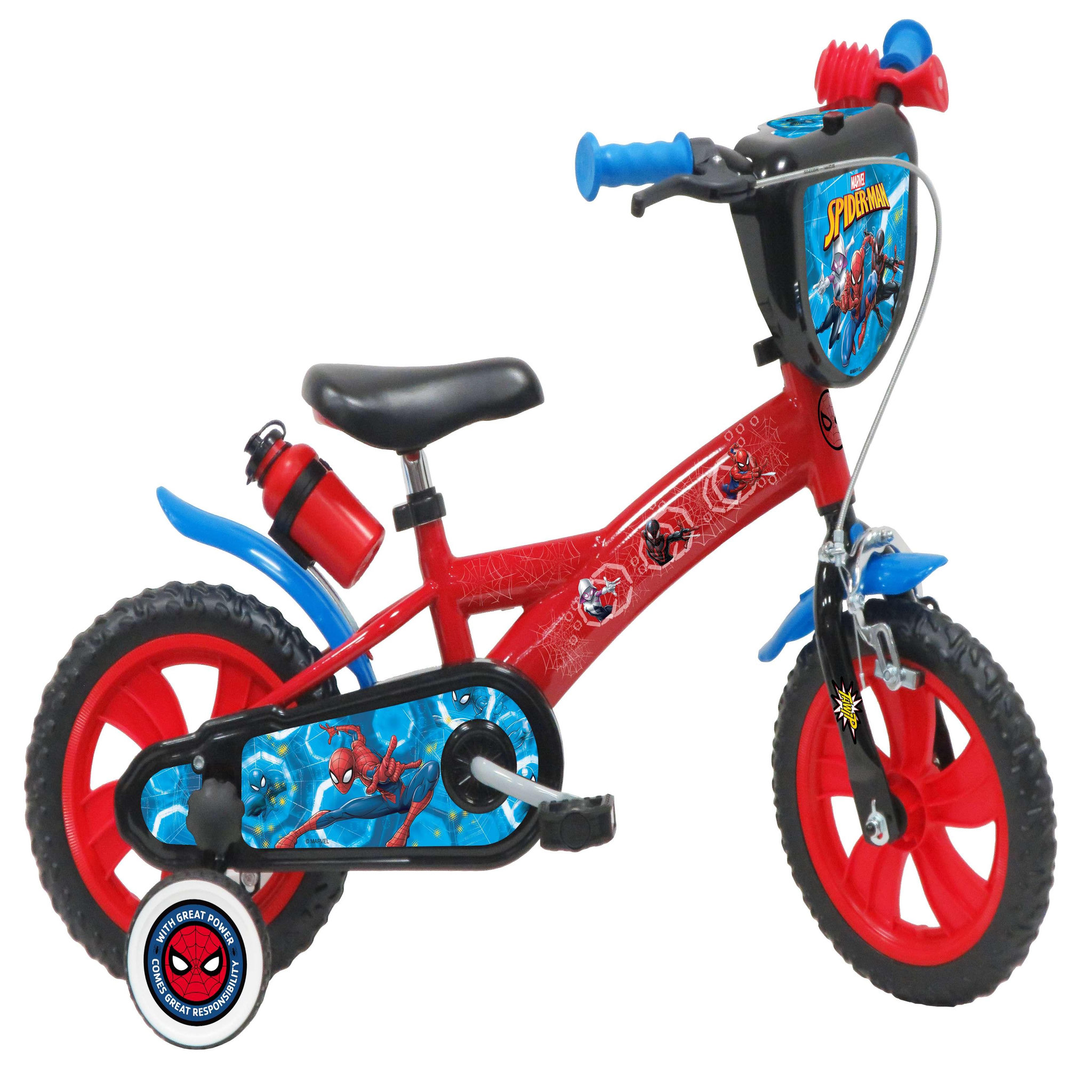 Voir la diapositive 1 : Marvel Vélo enfant 12'' - Modèle Spiderman pour enfant de 85 à 100 cm avec stabilisateurs à molettes - Plaque décorative avant - Porte bidon - 1 frein et roues bâtons