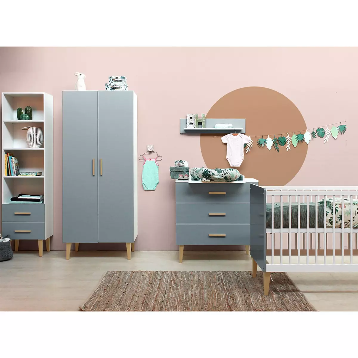 BOPITA Chambre complète lit bébé 60x120, commode à langer et armoire 2 portes Emma - Blanc et gris