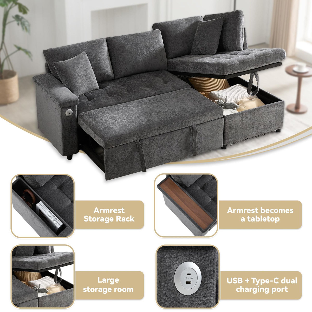 MERAX Canapé d'angle droit convertible 3 places tissu coffre de rangement