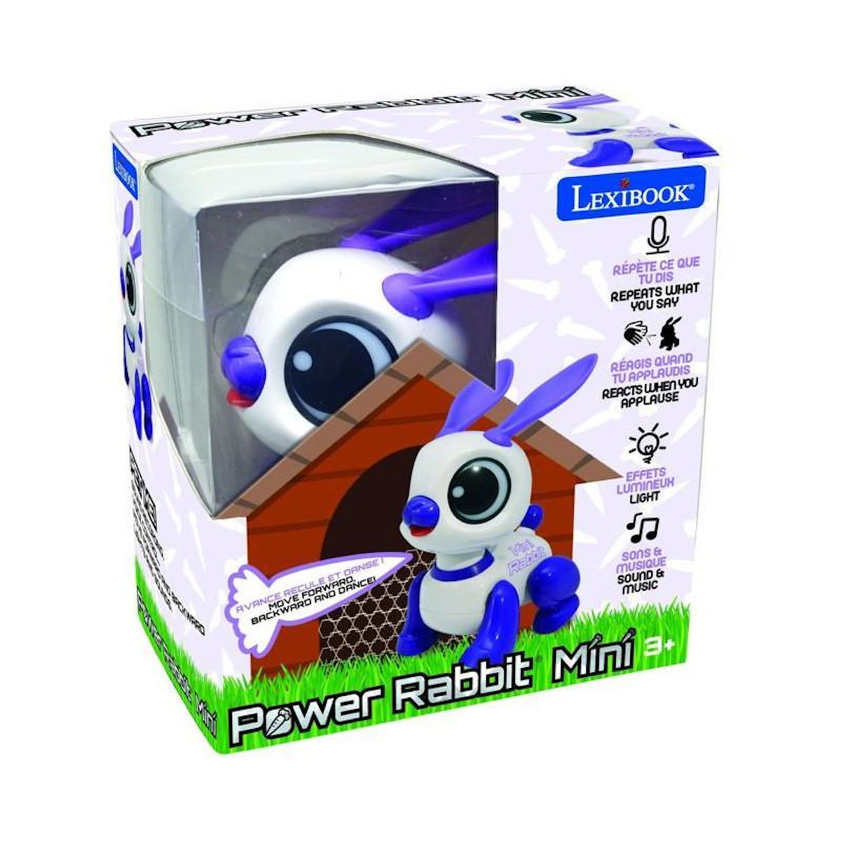 Lexibook Power Rabbit Mini - Robot lapin avec effets lumineux et sonores, contrôle par claquement de main, répétition
