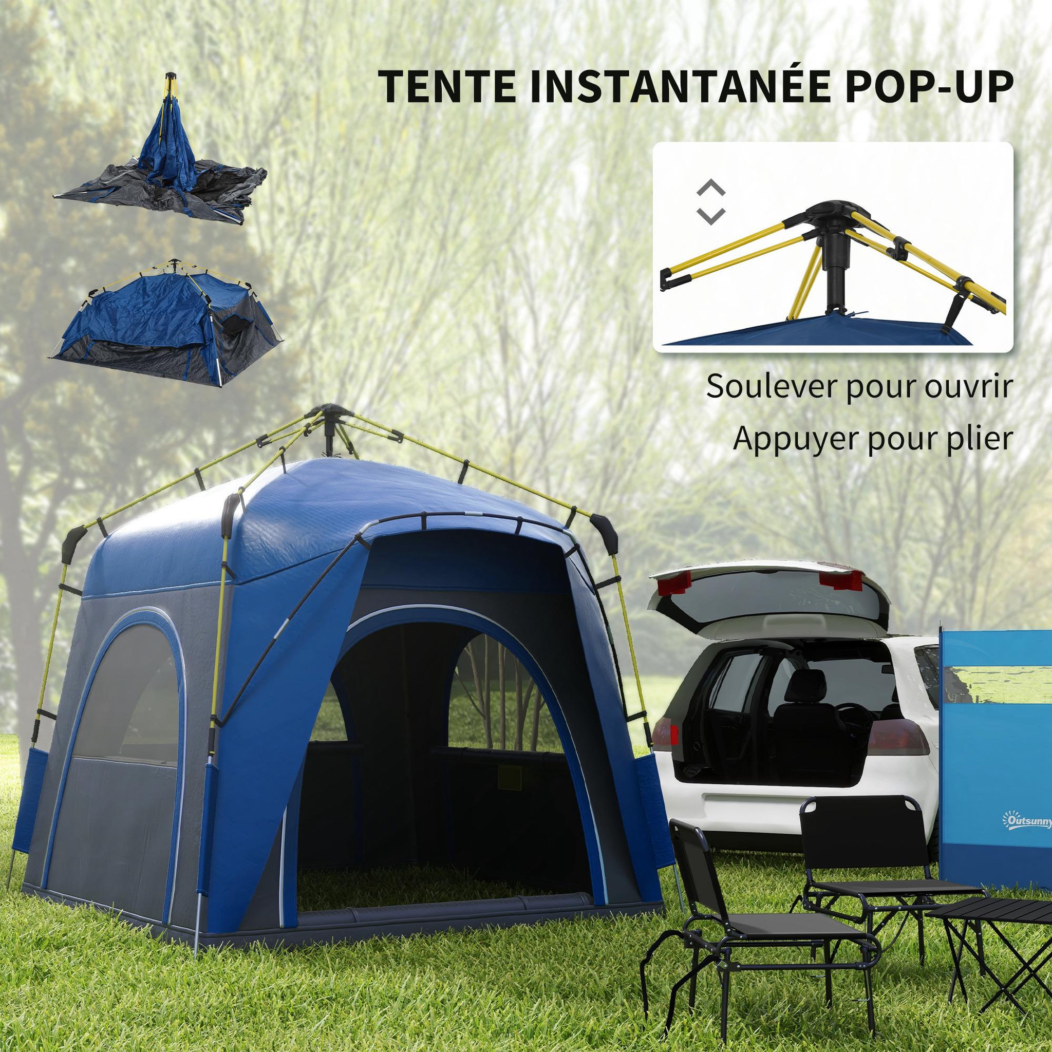 Voir la diapositive 4 : OUTSUNNY Tente de camping familiale 4 personnes montage instantanée pop-up 4 fenêtres pare-soleil dim. 2,4l x 2,4l x 1,95h m fibre verre polyester bleu anthracite