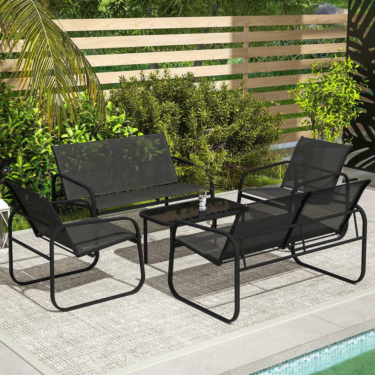 OUTSUNNY Ensemble salon de jardin relax 6 personnes 5 pièces plateau verre trempé acier textilène noir