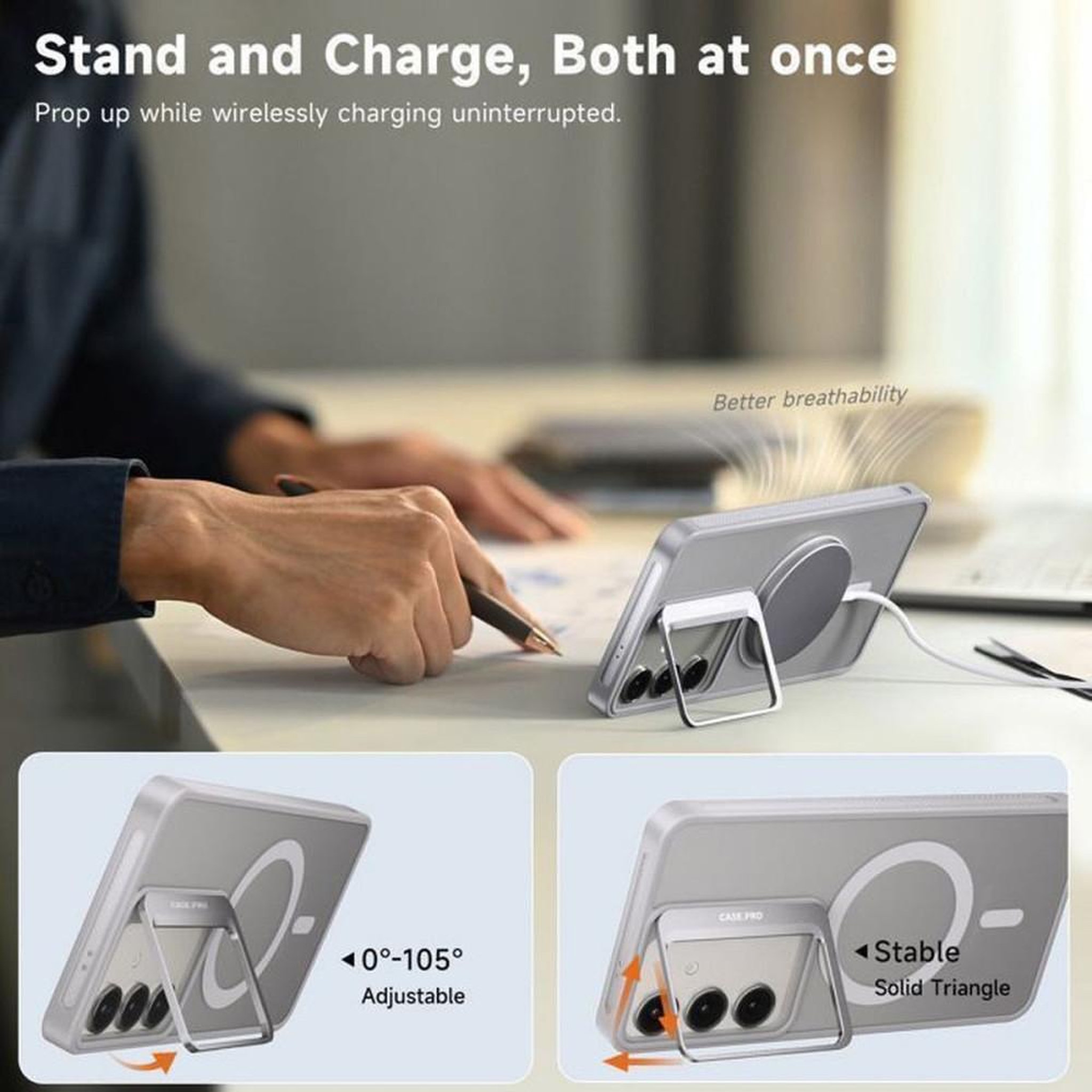 Voir la diapositive 3 : Coque téléphone grise pour Samsung Galaxy S24+ avec verre trempé, anneau de support rotatif 0°-105° et charge sans fil