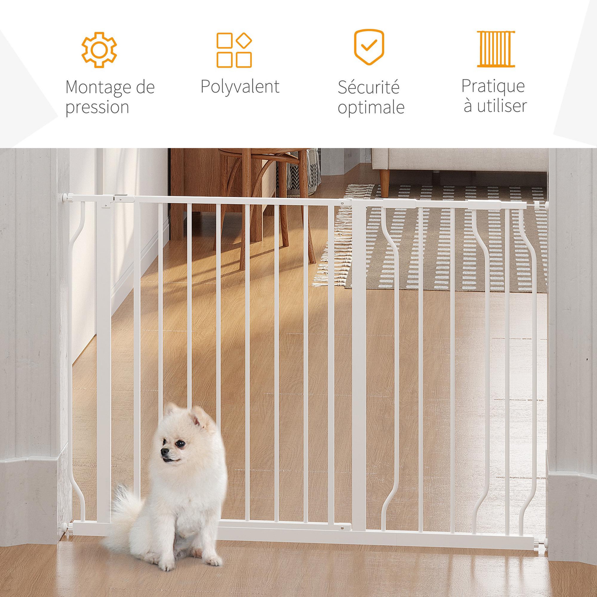 Voir la diapositive 6 : PAWHUT Barrière de sécurité barrière pour animal domestique longueur réglable barrière escaliers couloirs portes sans perçage en acier et abs dim. 75-115l x 76h cm blanc
