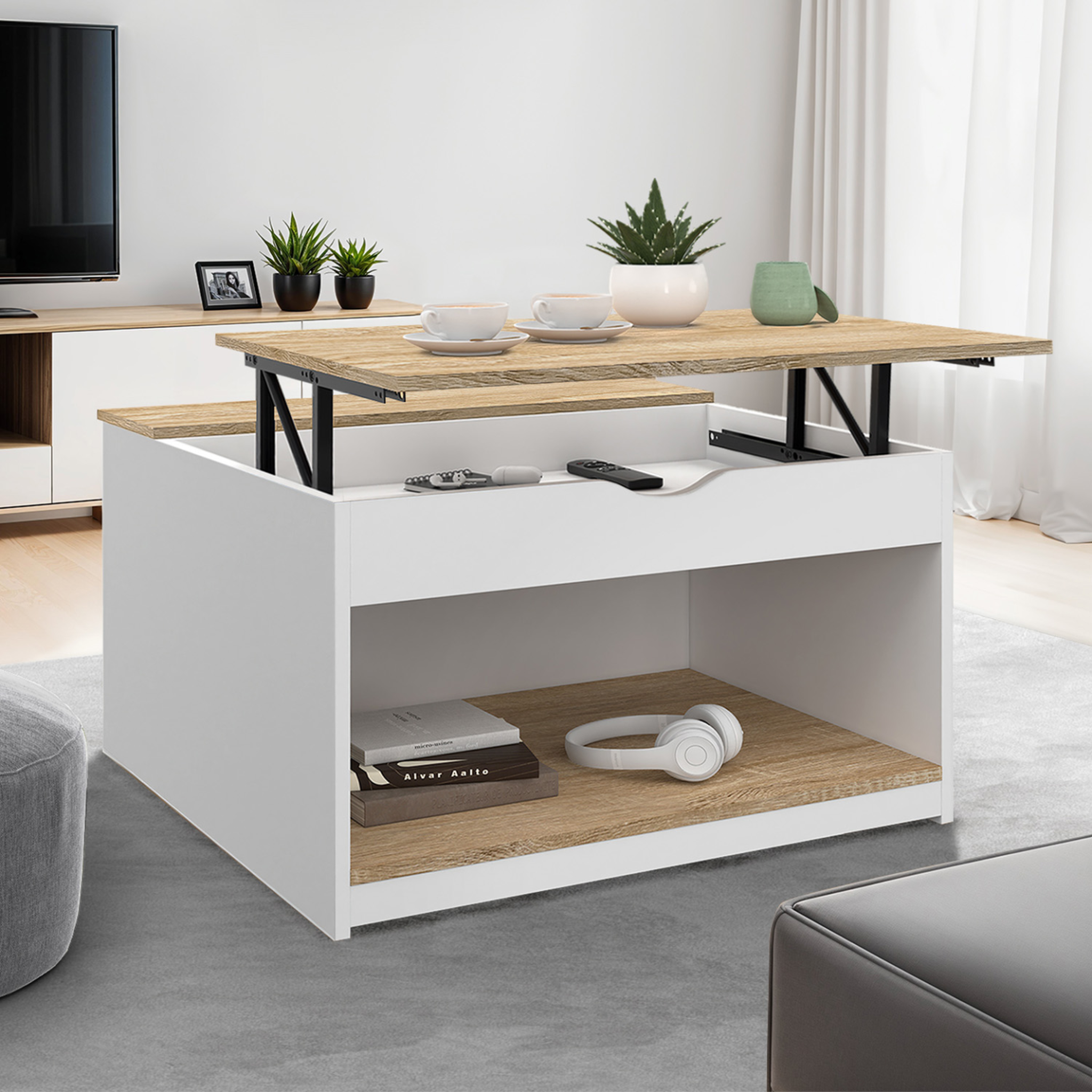 Voir la diapositive 2 : ID MARKET Table basse plateau relevable carrée elea avec coffre bois blanc et façon hêtre