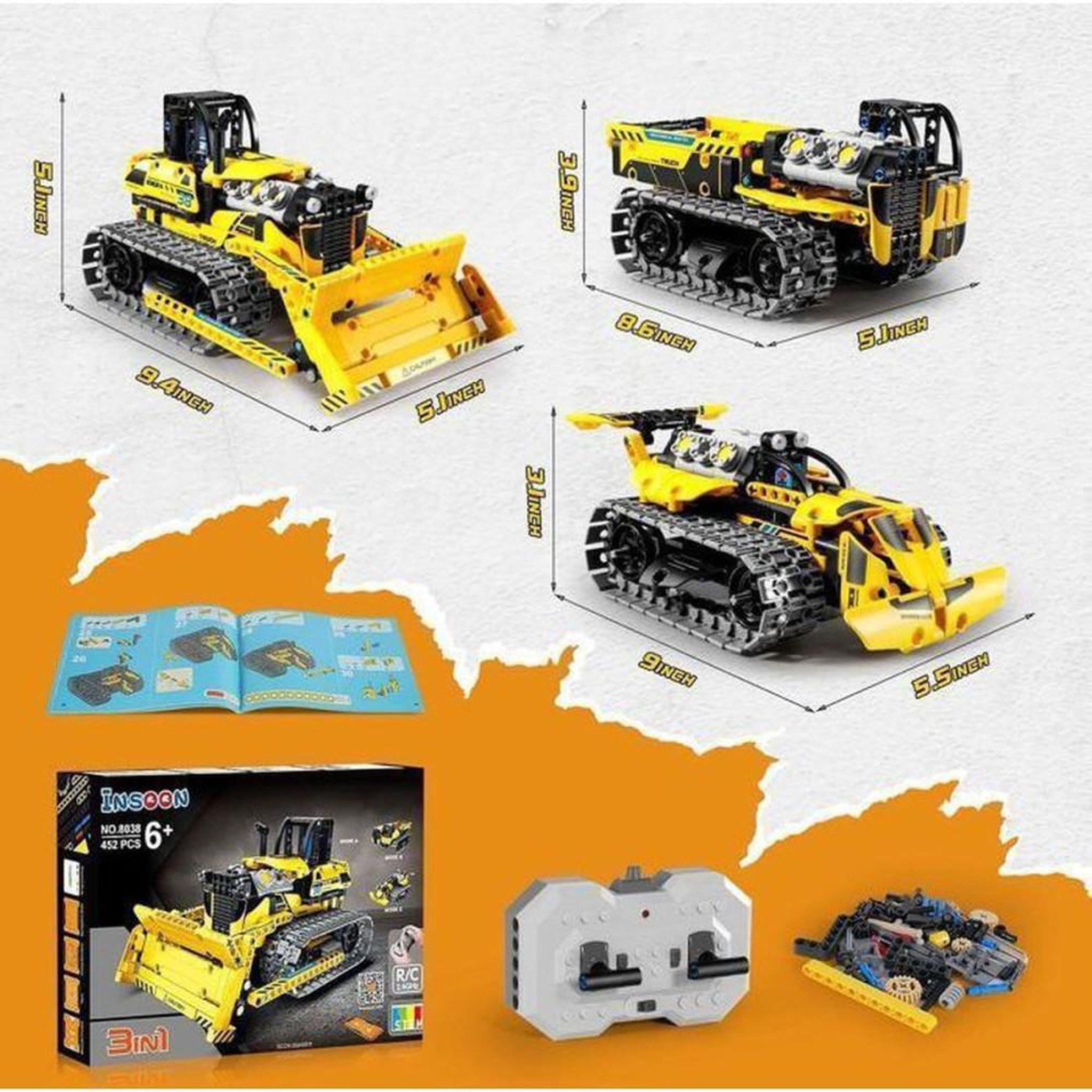 Voir la diapositive 6 : Coffret de construction RC 3 en 1 programmable 2,4 GHz 452 pièces – bulldozer, benne et véhicule chenillé
