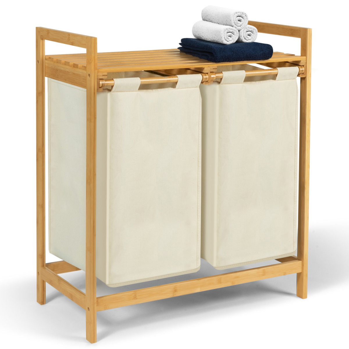 ID MARKET Panier à linge 2 bacs bambou BEA tissu écru