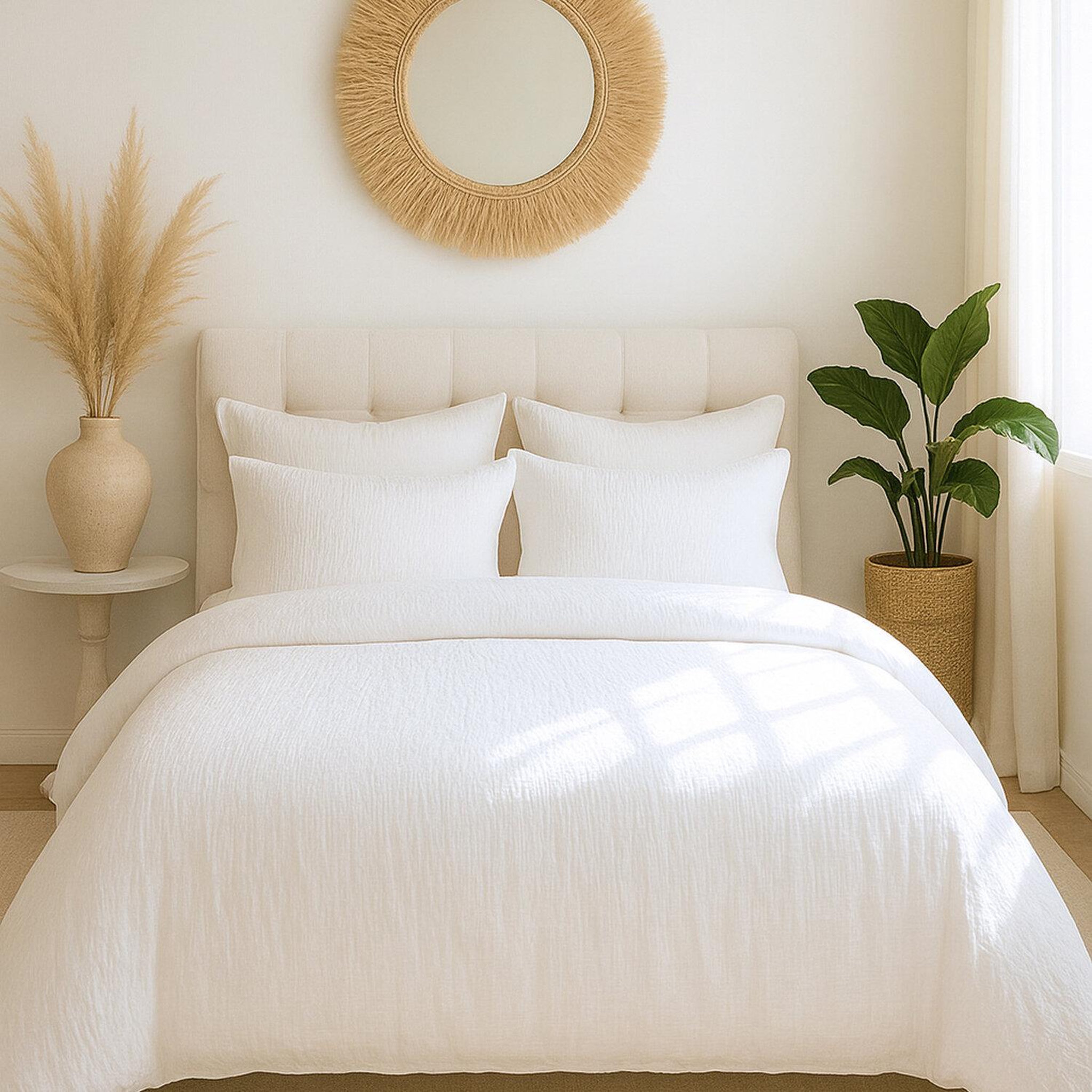 Les Ateliers du Linge Parure gaze de microfibre. Coloris disponibles : Beige, Bleu, Blanc