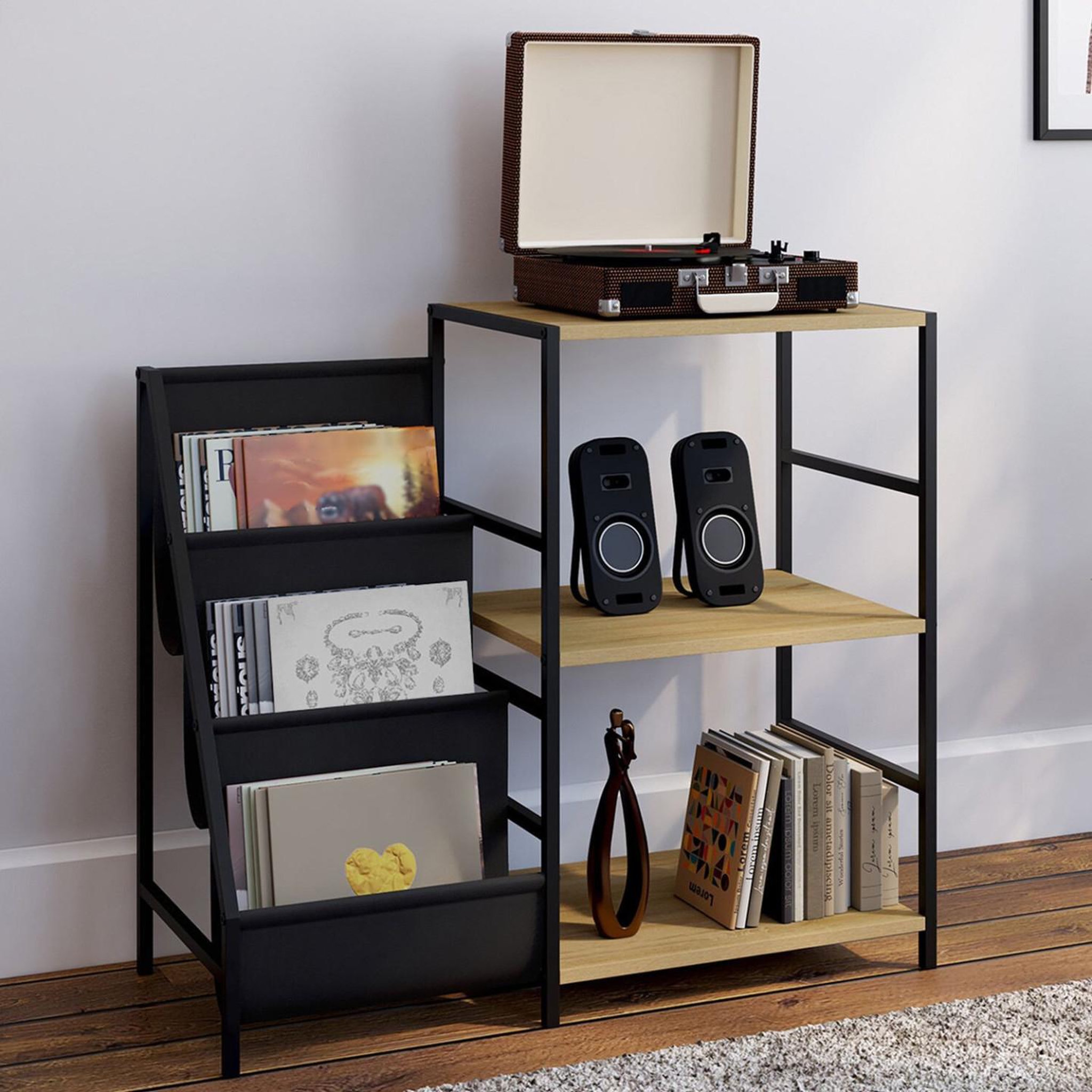 Voir la diapositive 2 : ID MARKET Meuble d'appoint, rangement avec étagères, supports vinyles et platine NEVIL design industriel