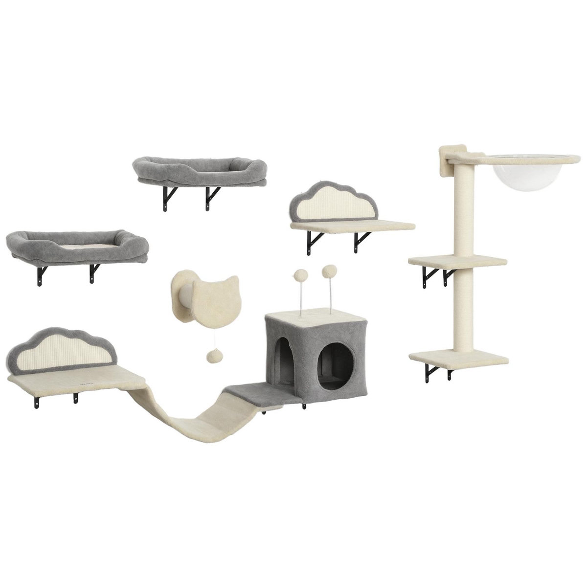PAWHUT Arbre à chat design mural - parcours mural en bois pour chat 6 pièces variées - crème gris