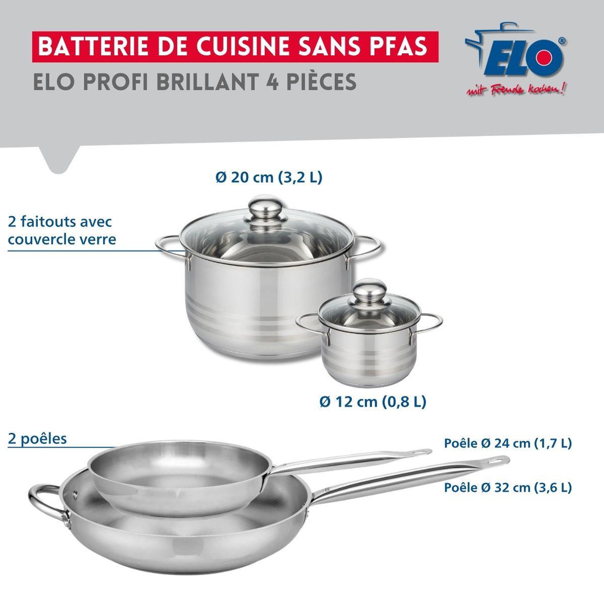 Voir la diapositive 2 : ELO Ensemble de 2 poêles de cuisson 24 et 32 cm et 2 faitouts 12 et 20 cm elo profi brillant