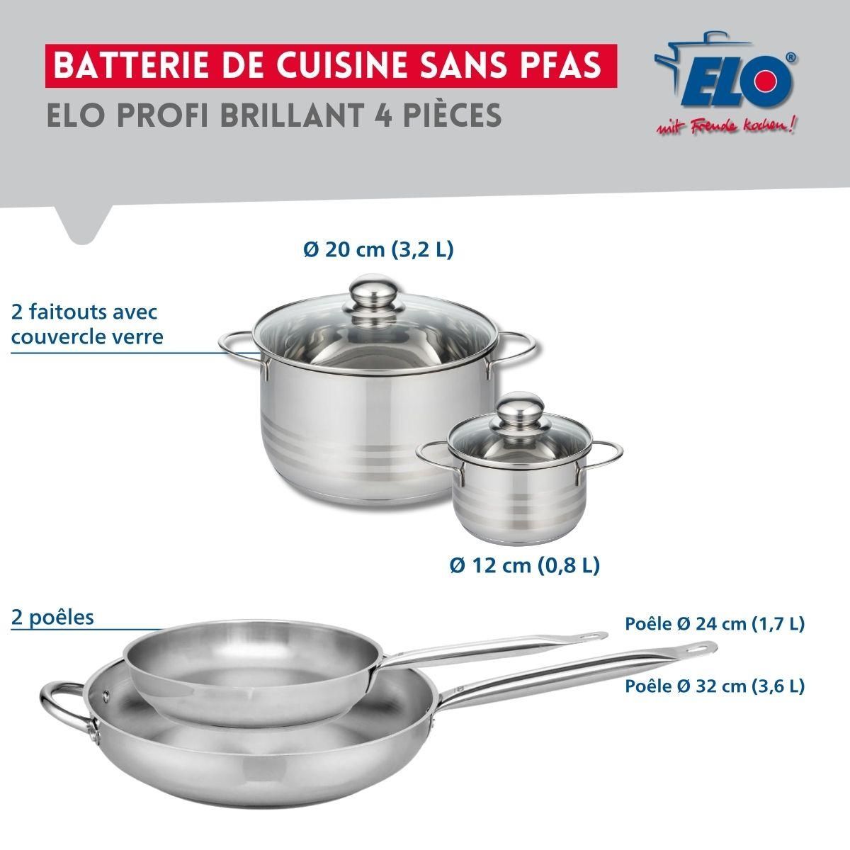 ELO Ensemble de 2 Poêles de cuisson 24 et 32 cm et 2 faitouts 12 et 20 cm Elo Profi Brillant