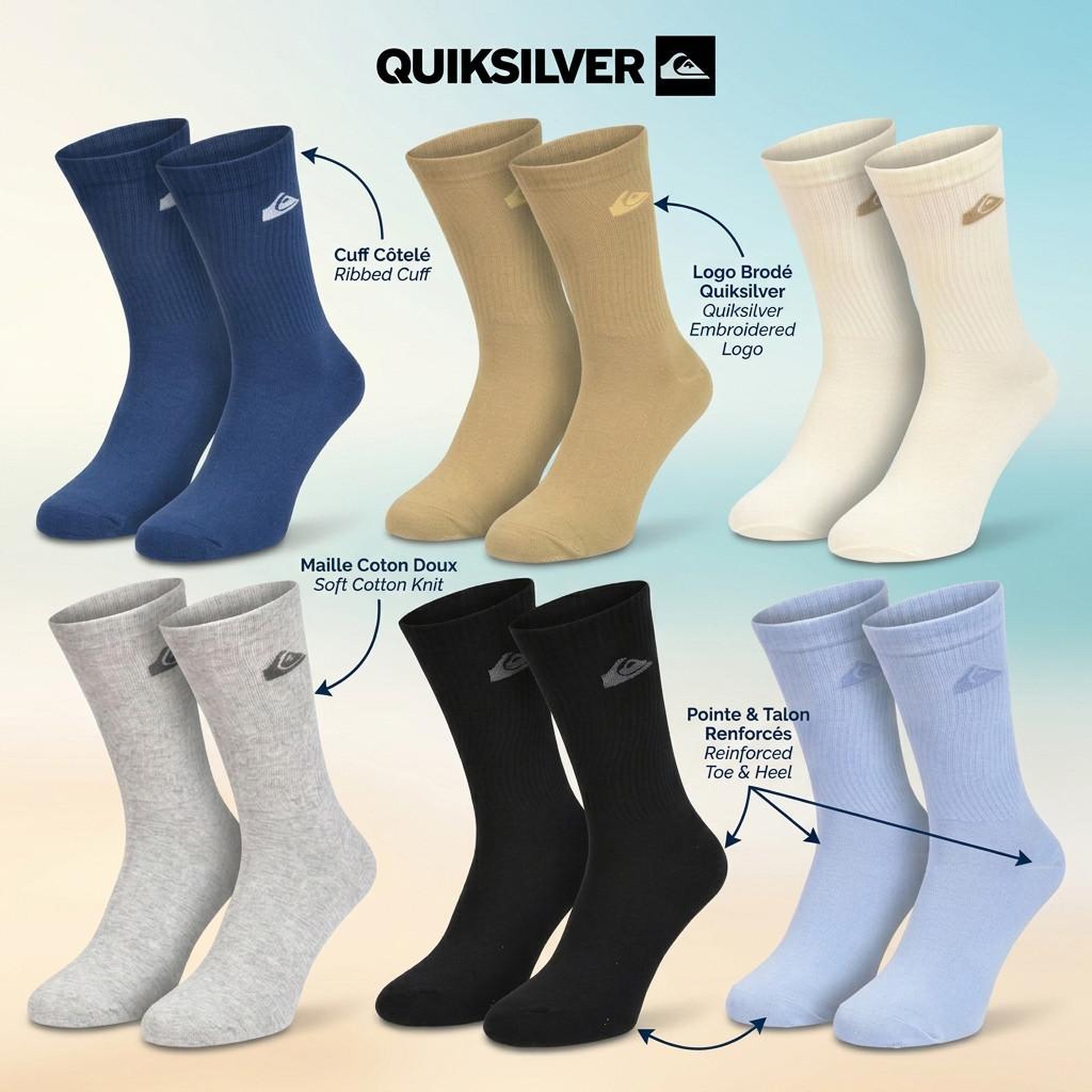 Voir la diapositive 5 : QUIKSILVER Quiksilver Pack de Chaussettes Homme Crew – Lot 6 Paires Regular Lifestyle