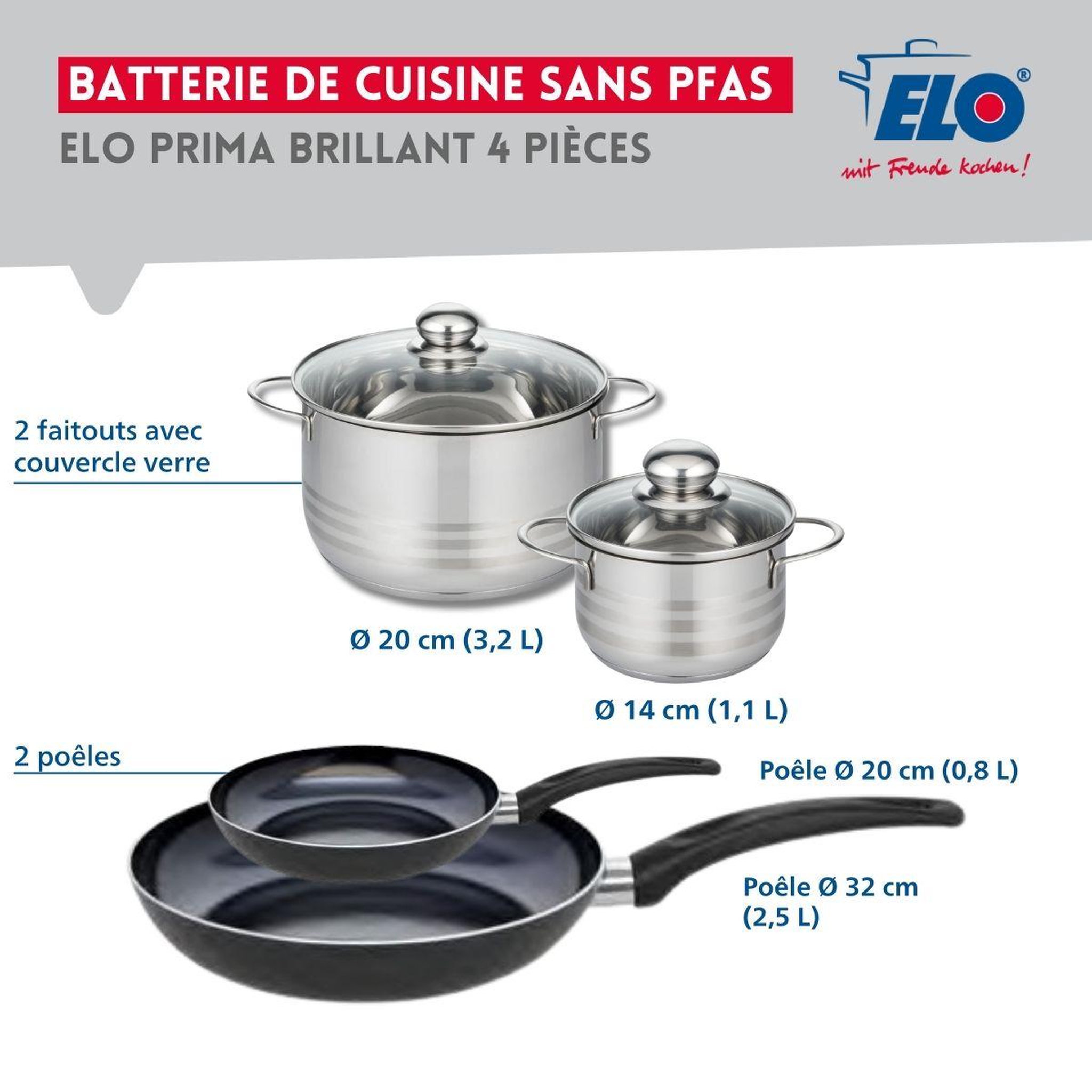 Voir la diapositive 2 : ELO Ensemble de 2 poêles de cuisson 20 et 32 cm et 2 faitouts 14 et 20 cm elo prima brillant