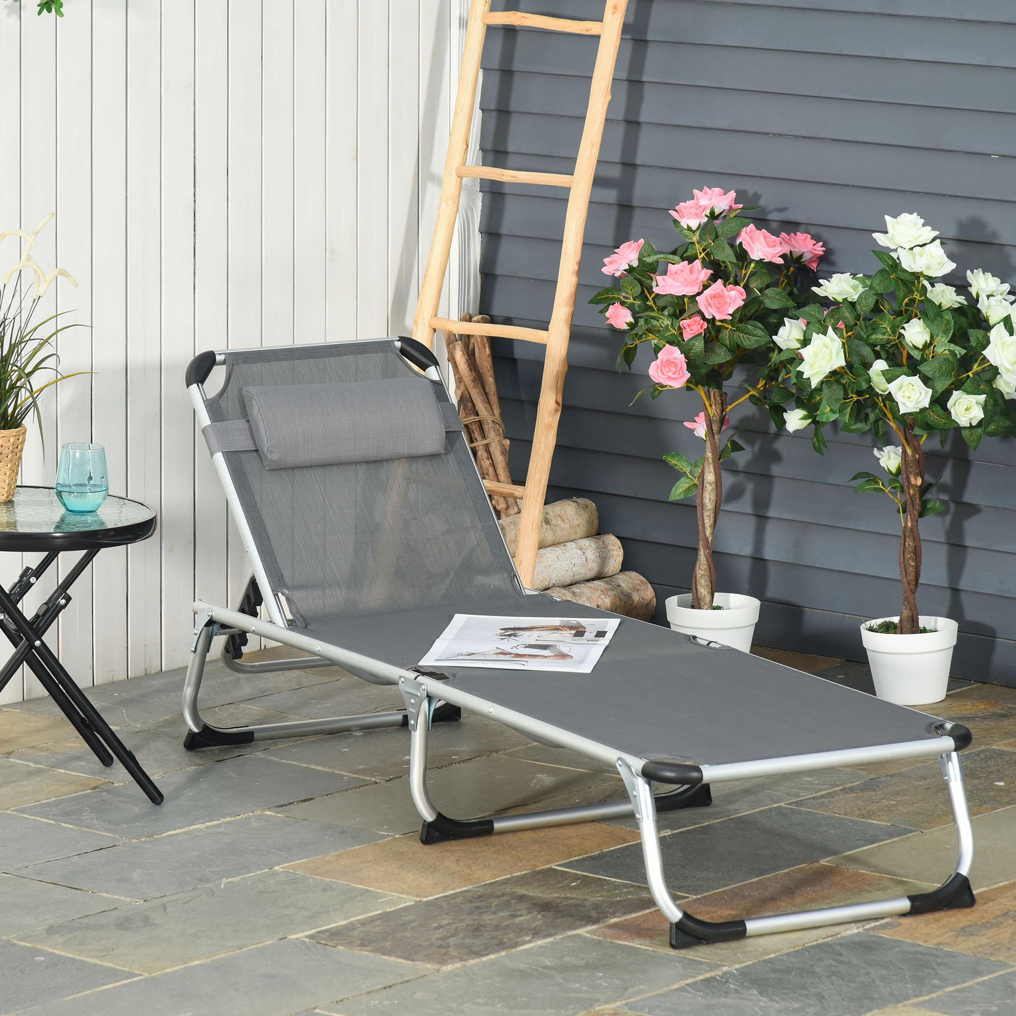 Voir la diapositive 4 : OUTSUNNY Bain de soleil transat pliable grand confort dossier réglable multi-position tétière alu. textilène gris