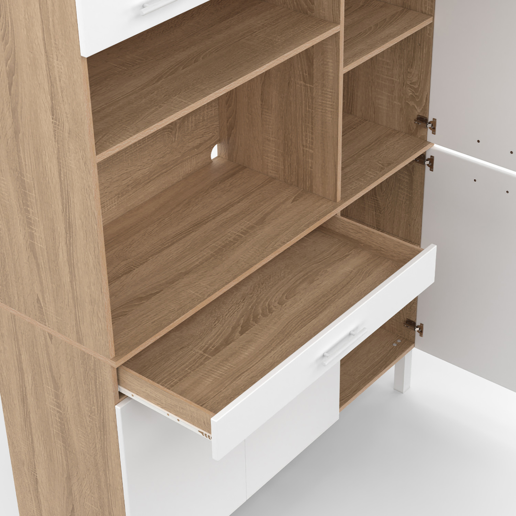 Voir la diapositive 6 : ID MARKET Buffet de cuisine avec colonne de rangement 120 cm cina 6 portes + tiroir façon hêtre et blanc