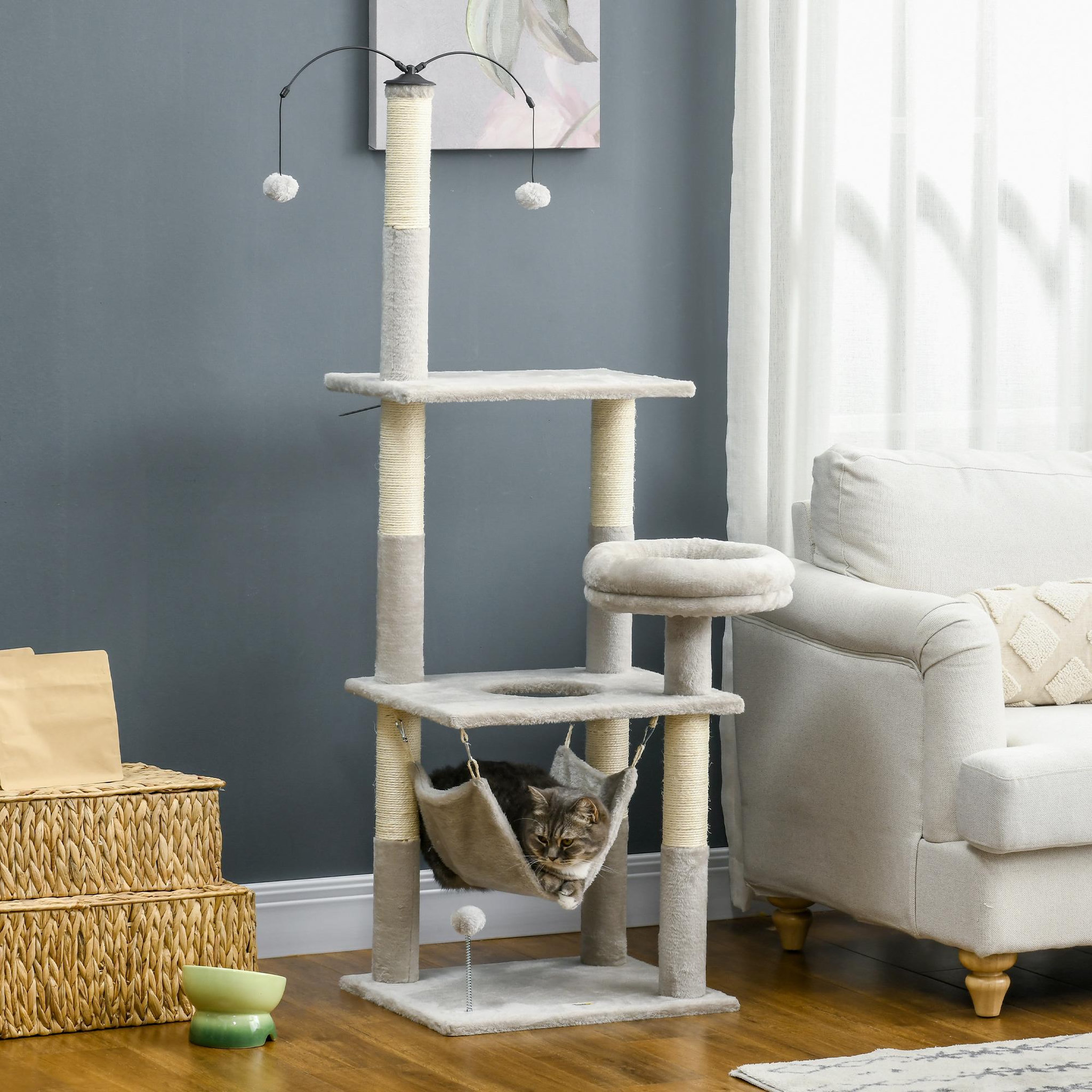 Voir la diapositive 2 : PAWHUT Arbre à chat griffoirs sisal naturel plateforme panier hamac boules suspendues et à ressort peluche gris clair