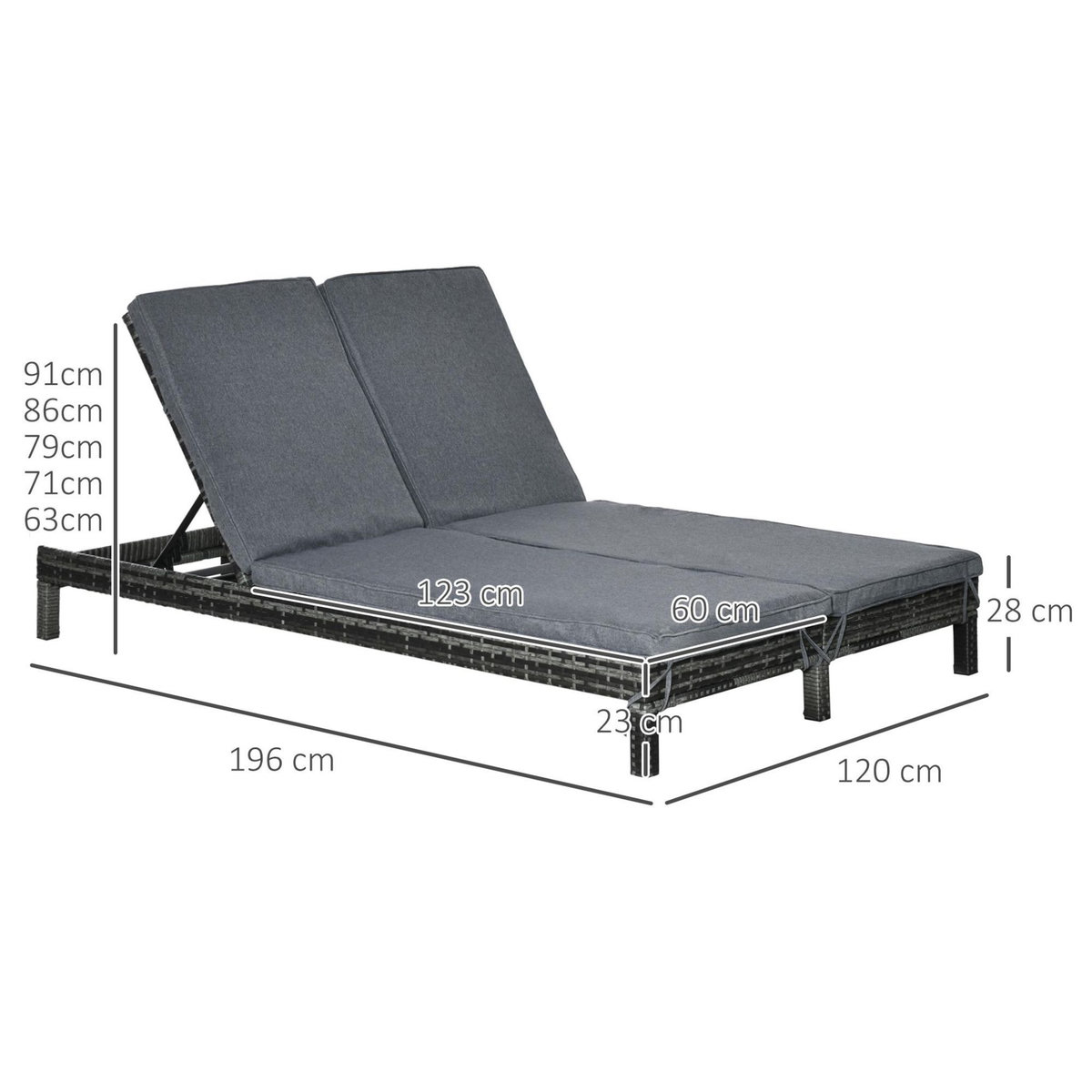 OUTSUNNY Bain de soleil transat 2 places - grand confort - dossier inclinable multi-positions - matelas fournis - résine tressée gris