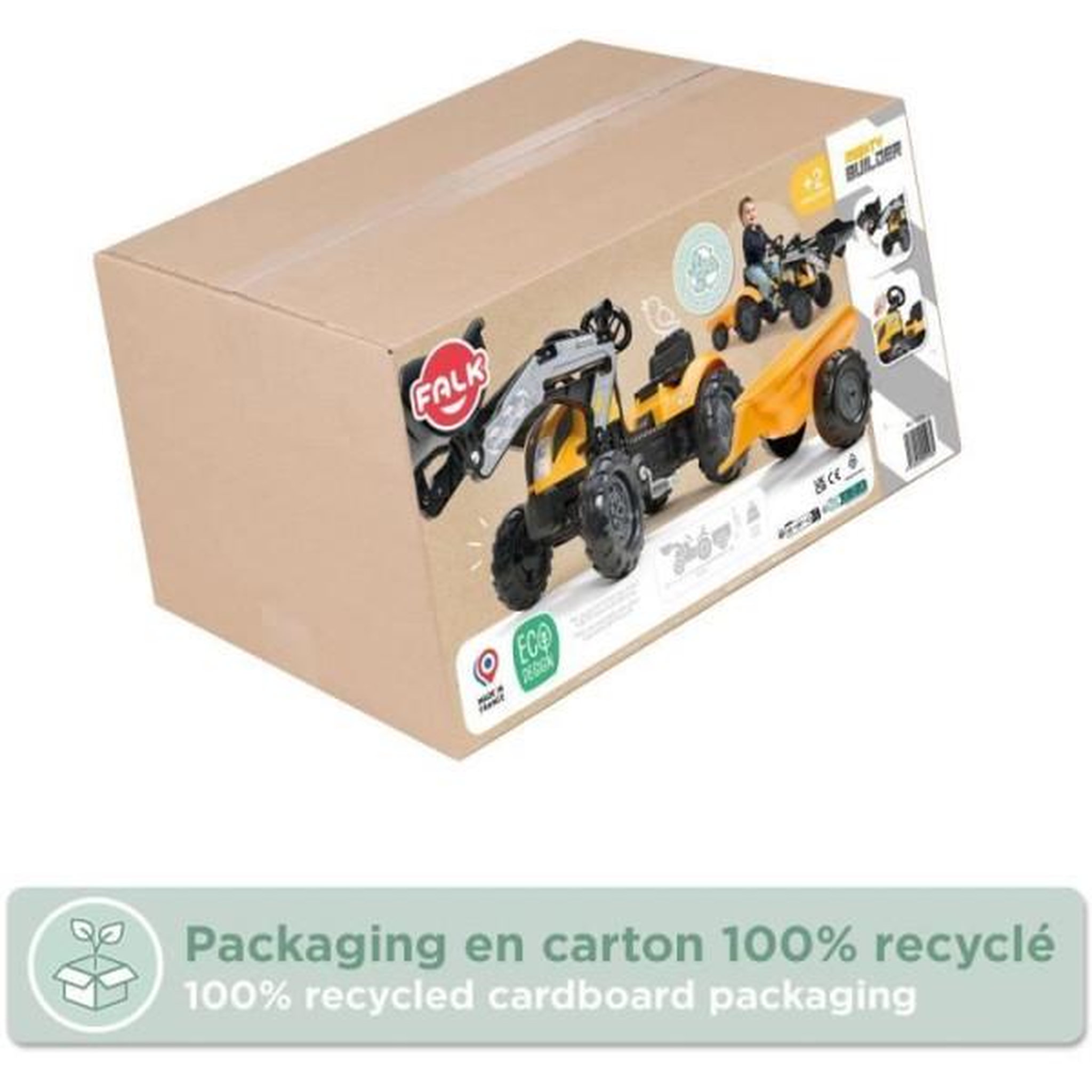 Voir la diapositive 6 : FALK Tracteur a pédales Mighty Builder - FALK - Avec remorque - Jaune - 100% Fabriqué en France - 50% de plastique recyclé - Des 2