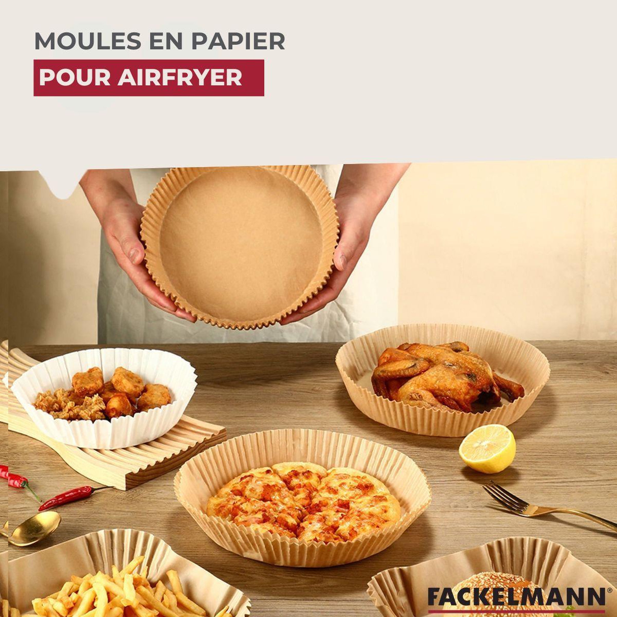Voir la diapositive 2 : Fackelmann Ensemble de 100 moules en papier pour air fryer carrés 20 cm fackelmann divers
