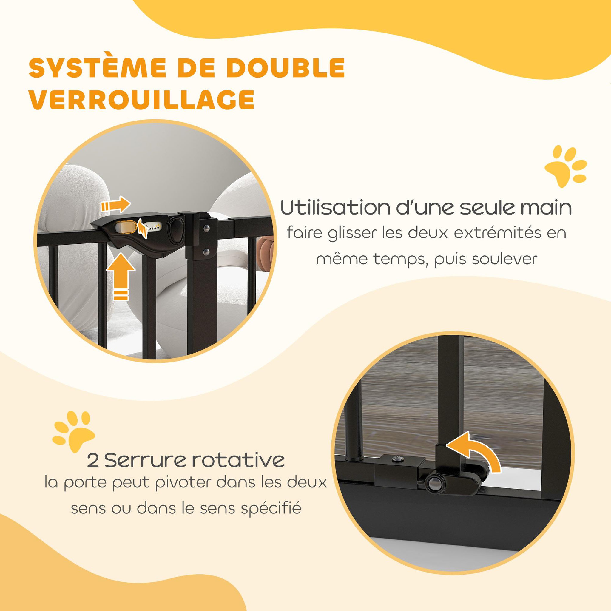 Voir la diapositive 6 : PAWHUT Barrière de sécurité chien - porte double verrouillage - l.94 cm max. - sans perçage - métal noir