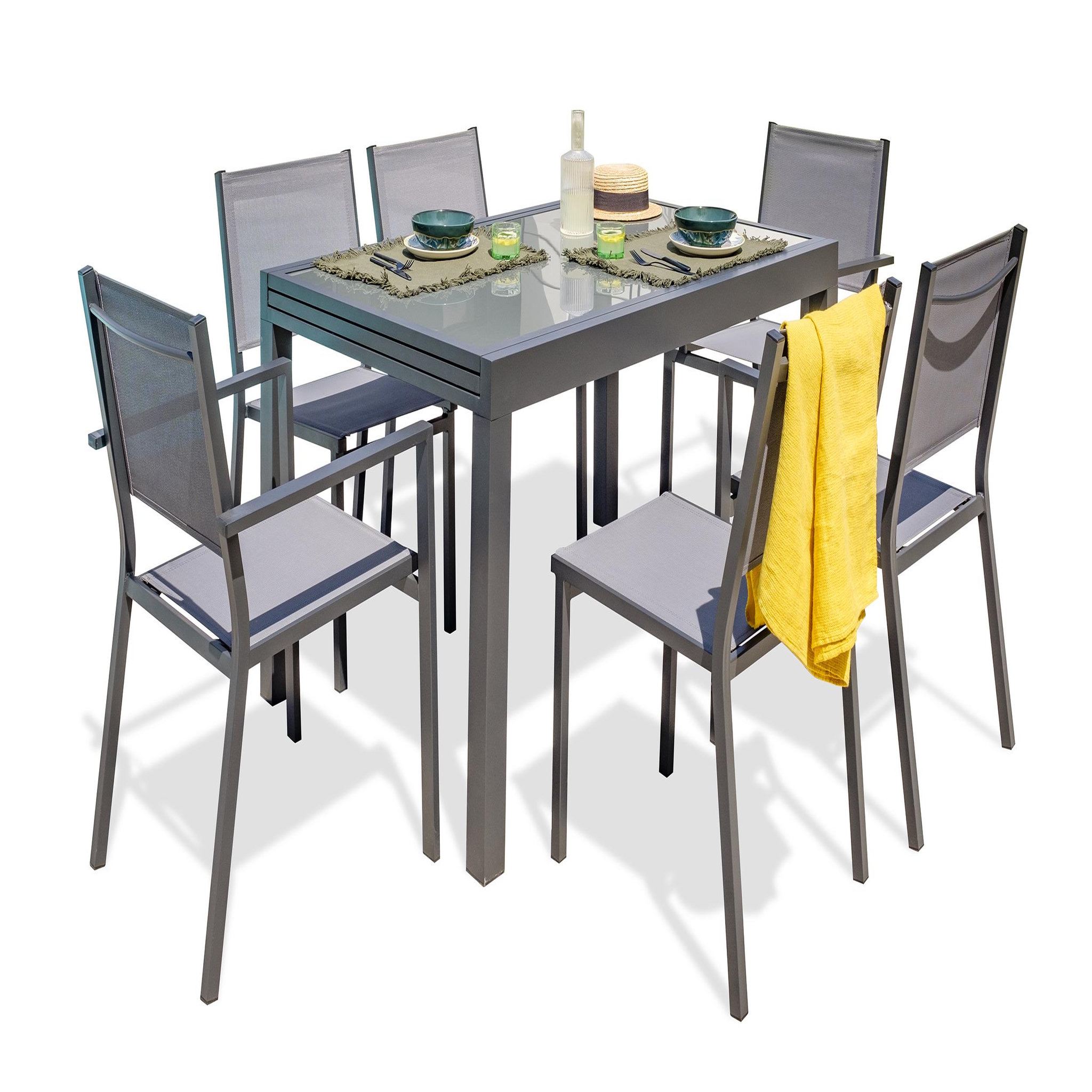 DCB GARDEN Ensemble repas en aluminium et plateau verre (6 places)