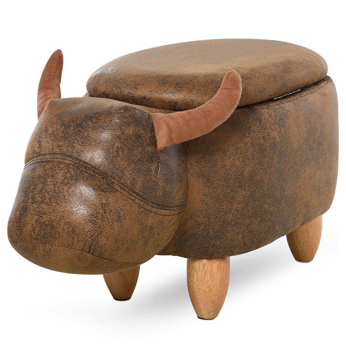 HOMCOM Tabouret vache - pouf vachette - pouf taureau coffre de rangement 2 en 1 - pieds bois d'hévéa revêtement synthétique aspect daim vieilli marron
