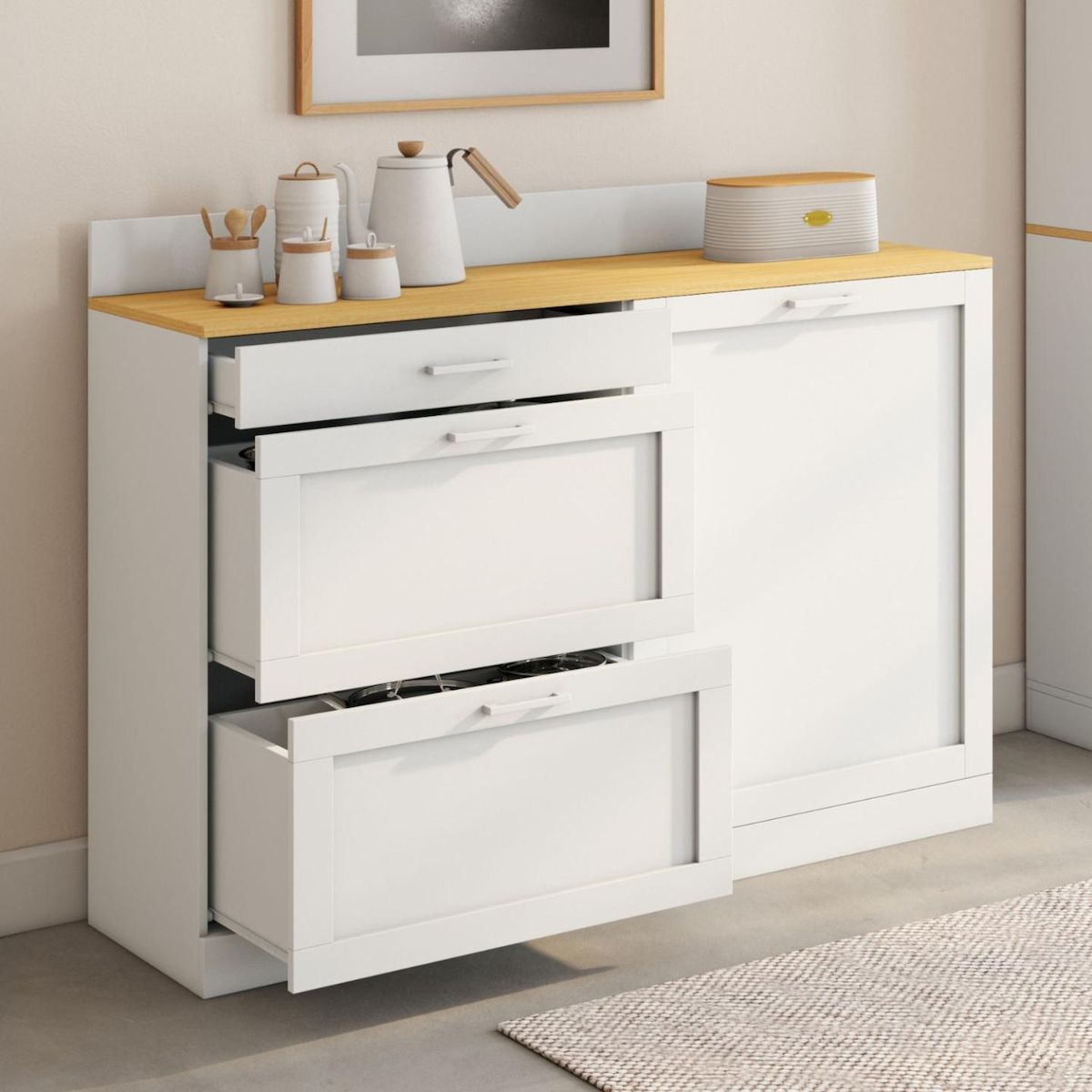 ID MARKET Buffet bas de cuisine 120 cm casserolier VITO plan de travail H.83 cm 1 porte + 3 tiroirs blanc et plateau façon hêtre