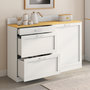 Voir la diapositive 2 : ID MARKET Buffet bas de cuisine 120 cm casserolier VITO plan de travail H.83 cm 1 porte + 3 tiroirs blanc et plateau façon hêtre
