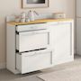 Voir la diapositive 2 : ID MARKET Buffet bas de cuisine 120 cm casserolier VITO plan de travail H.83 cm 1 porte + 3 tiroirs blanc et plateau façon hêtre
