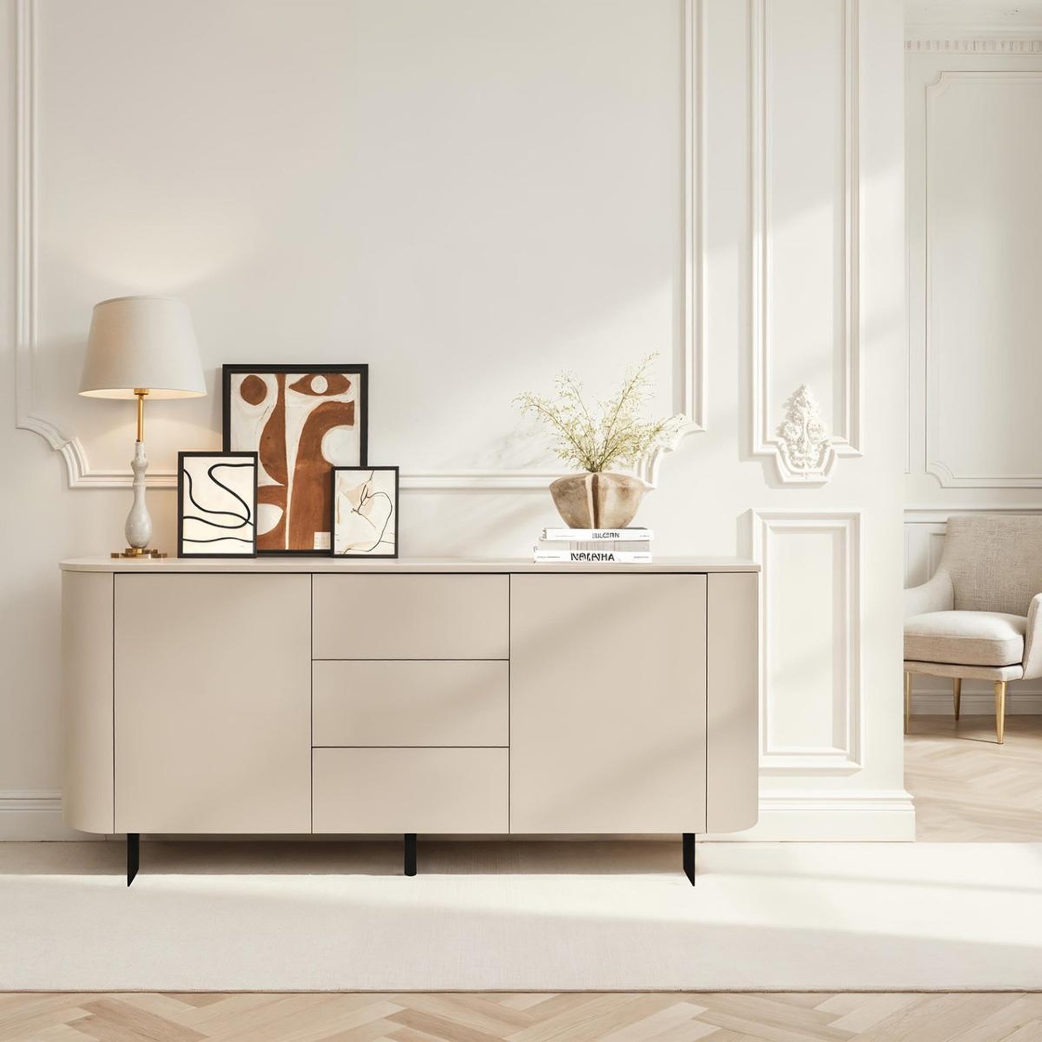 Voir la diapositive 3 : JLC KREATION Buffet bas arrondi beige cachemire 180cm isabela