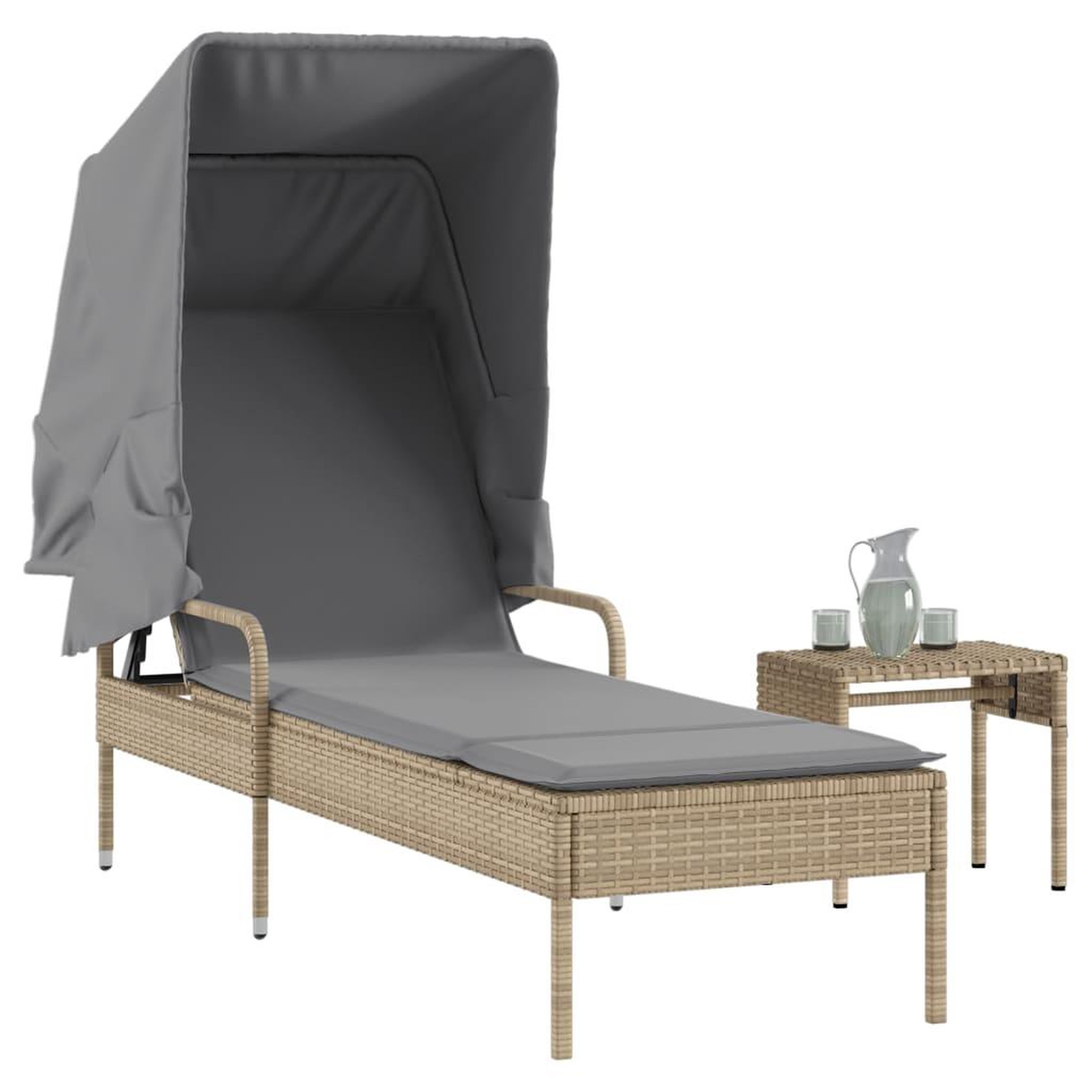 VIDAXL Chaise longue avec auvent et table beige resine tressee