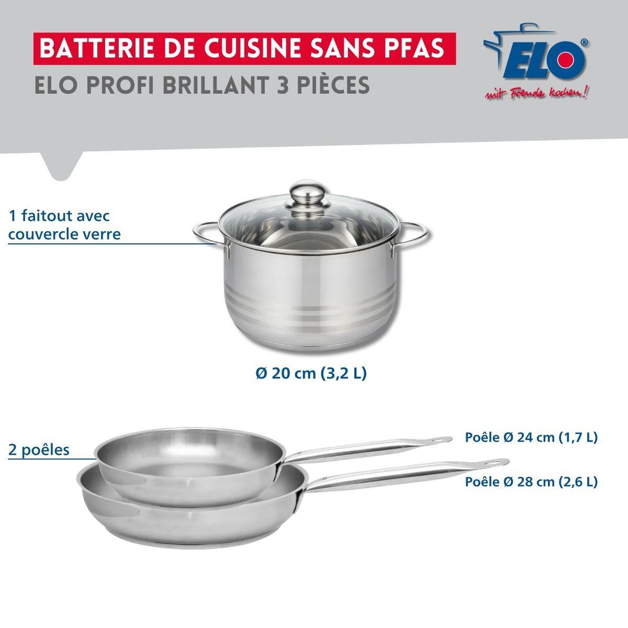 Voir la diapositive 2 : ELO Ensemble de 2 poêles de cuisson 24 et 28 cm et 1 faitout 20 cm elo profi brillant